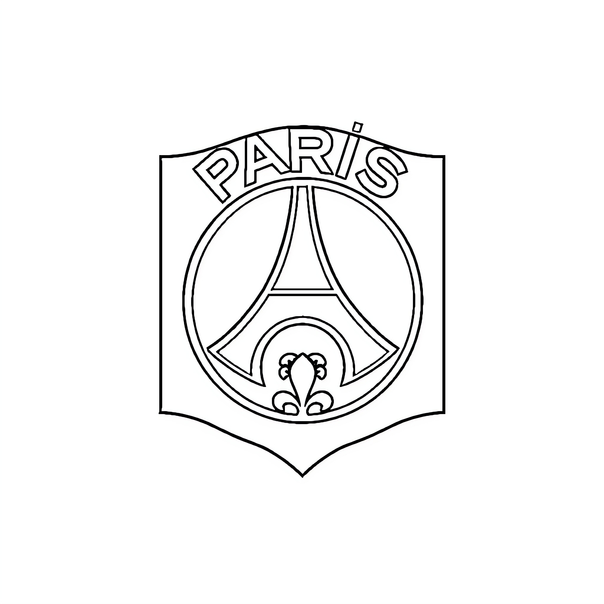 Paris Saint Germain club emblem with Eiffel Tower Coloring Page (free black-and-white line drawing printable PDF for all, from beginners to advanced learners, including children, teens, adults, and seniors)