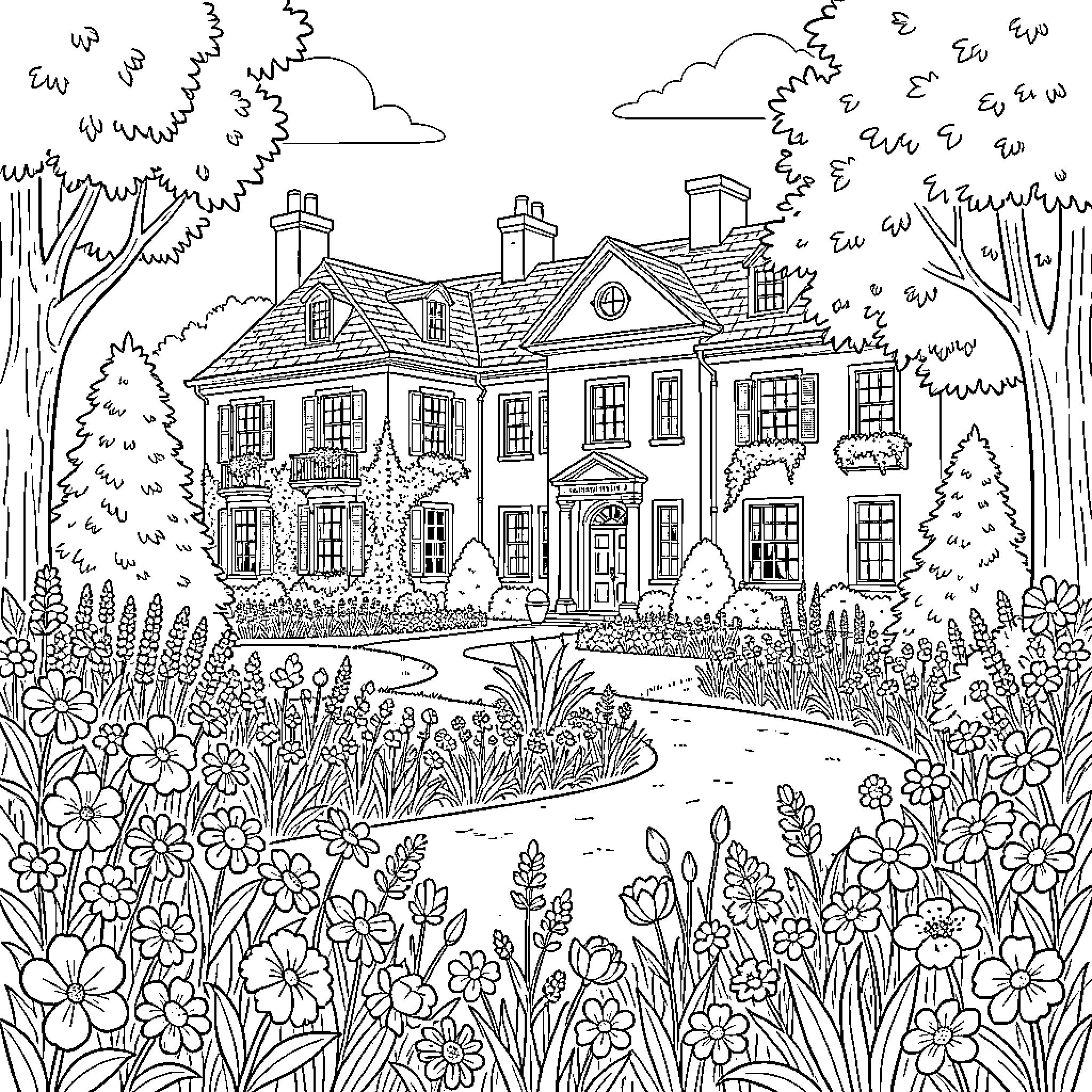 Garden with Charming Manor and Blooming Flowers Coloring Page (free black-and-white line drawing printable PDF for all, from beginners to advanced learners, including children, teens, adults, and seniors)