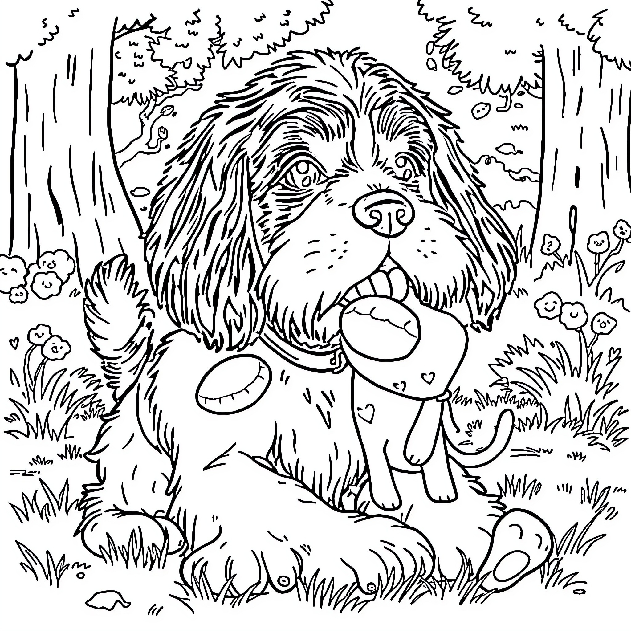 Cocker Spaniel Pup Playing Happily in Nature Coloring Page (free black-and-white line drawing printable PDF for all, from beginners to advanced learners, including children, teens, adults, and seniors)