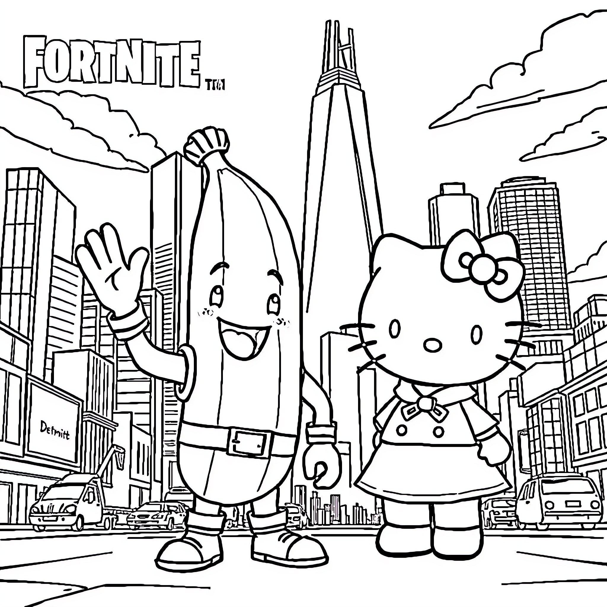 Banana characters posing in front of city skyline Coloring Page (free black-and-white line drawing printable PDF for all, from beginners to advanced learners, including children, teens, adults, and seniors)