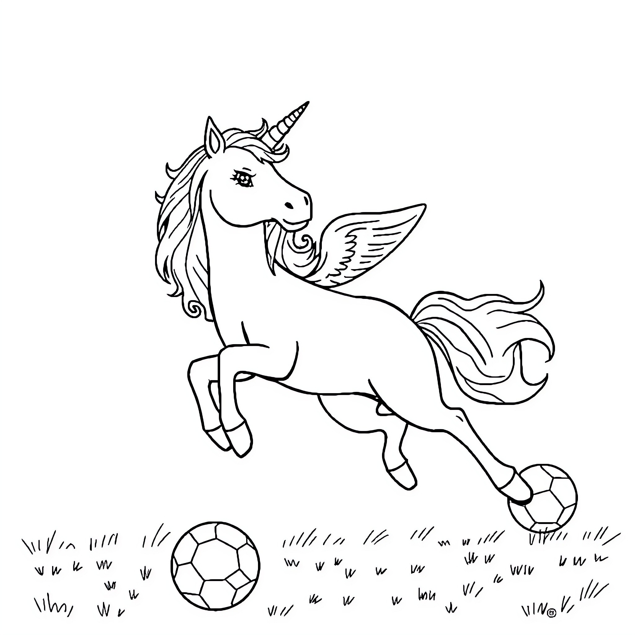 Unicorn with wings playing with soccer ball Coloring Page (free black-and-white line drawing printable PDF for all, from beginners to advanced learners, including children, teens, adults, and seniors)