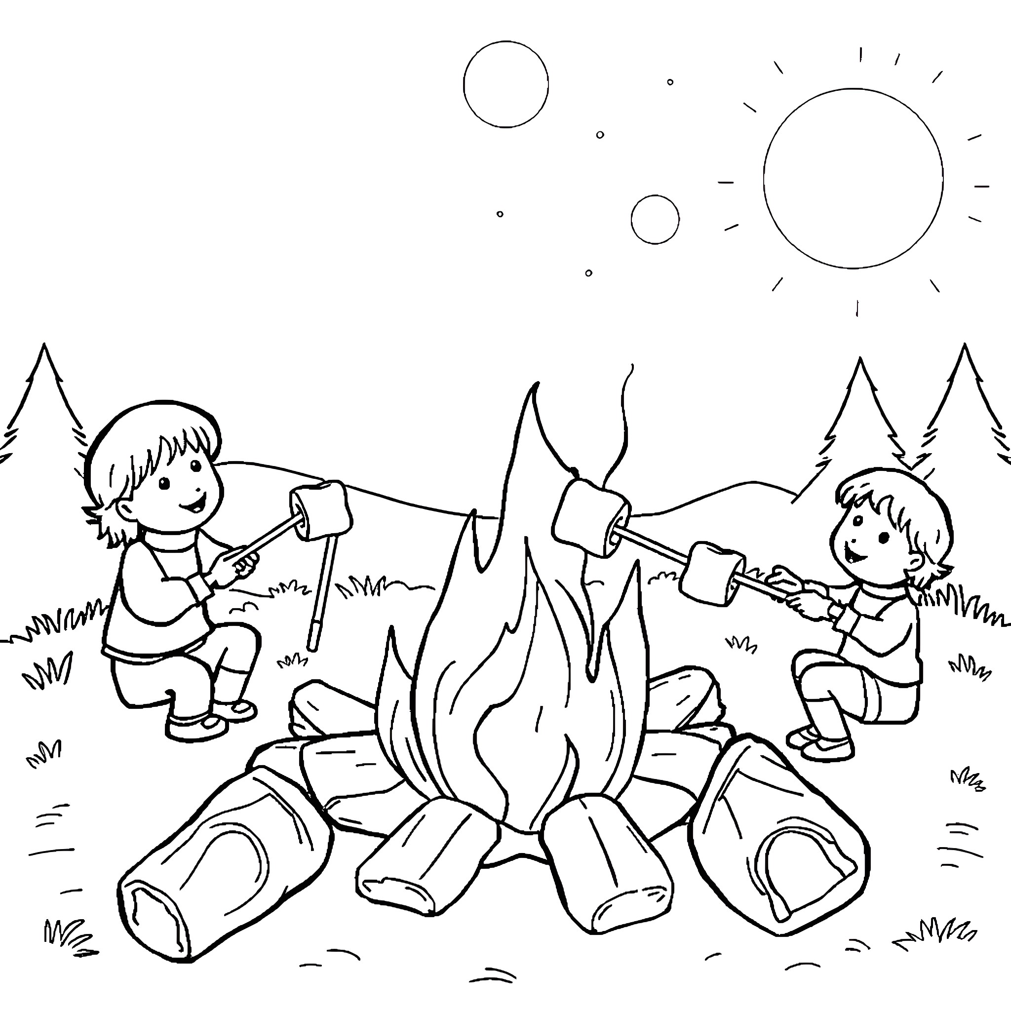 Marshmallow roasting fun at the campfire Coloring Page (free black-and-white line drawing printable PDF for all, from beginners to advanced learners, including children, teens, adults, and seniors)