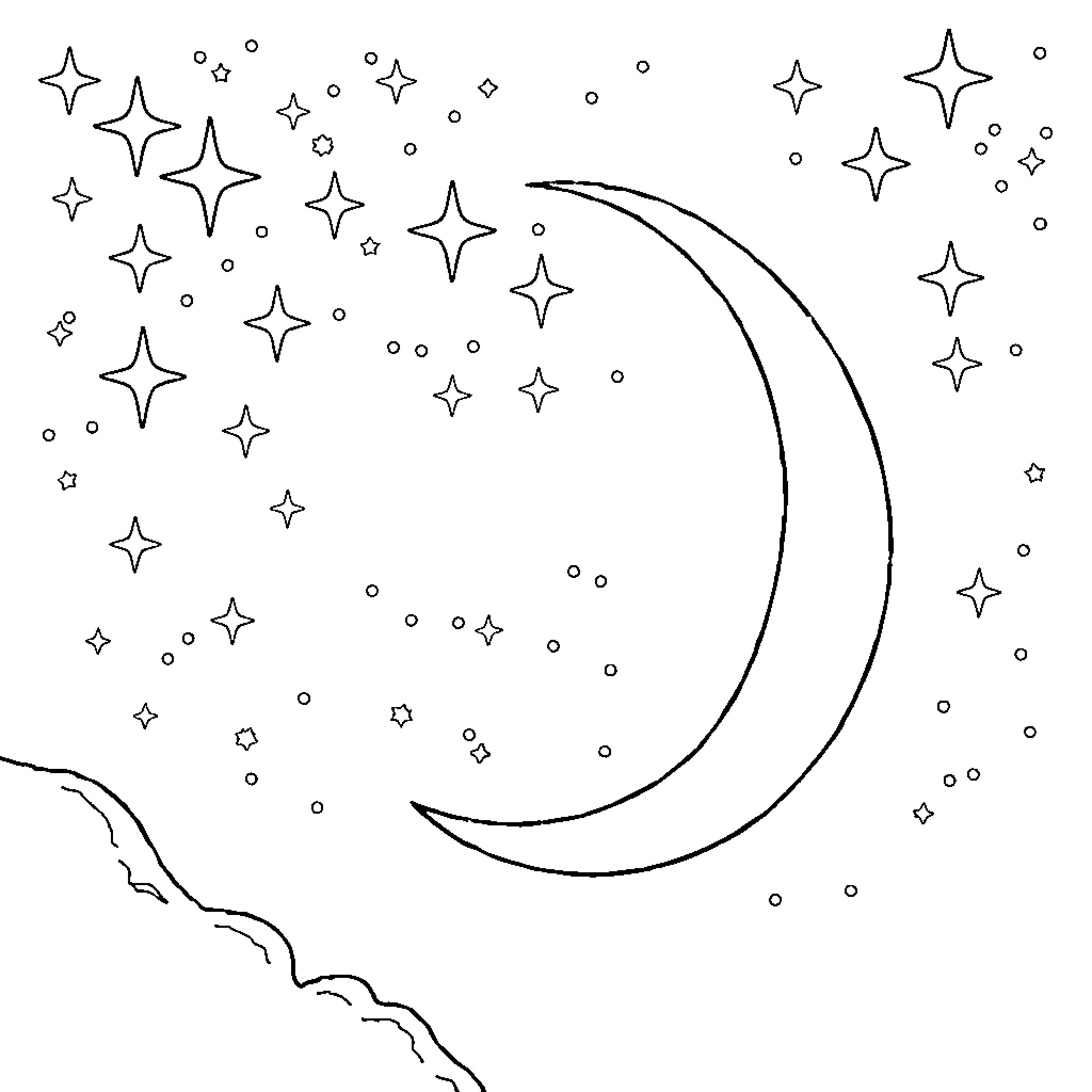 Star-filled night sky with crescent moon Coloring Page (free black-and-white line drawing printable PDF for all, from beginners to advanced learners, including children, teens, adults, and seniors)
