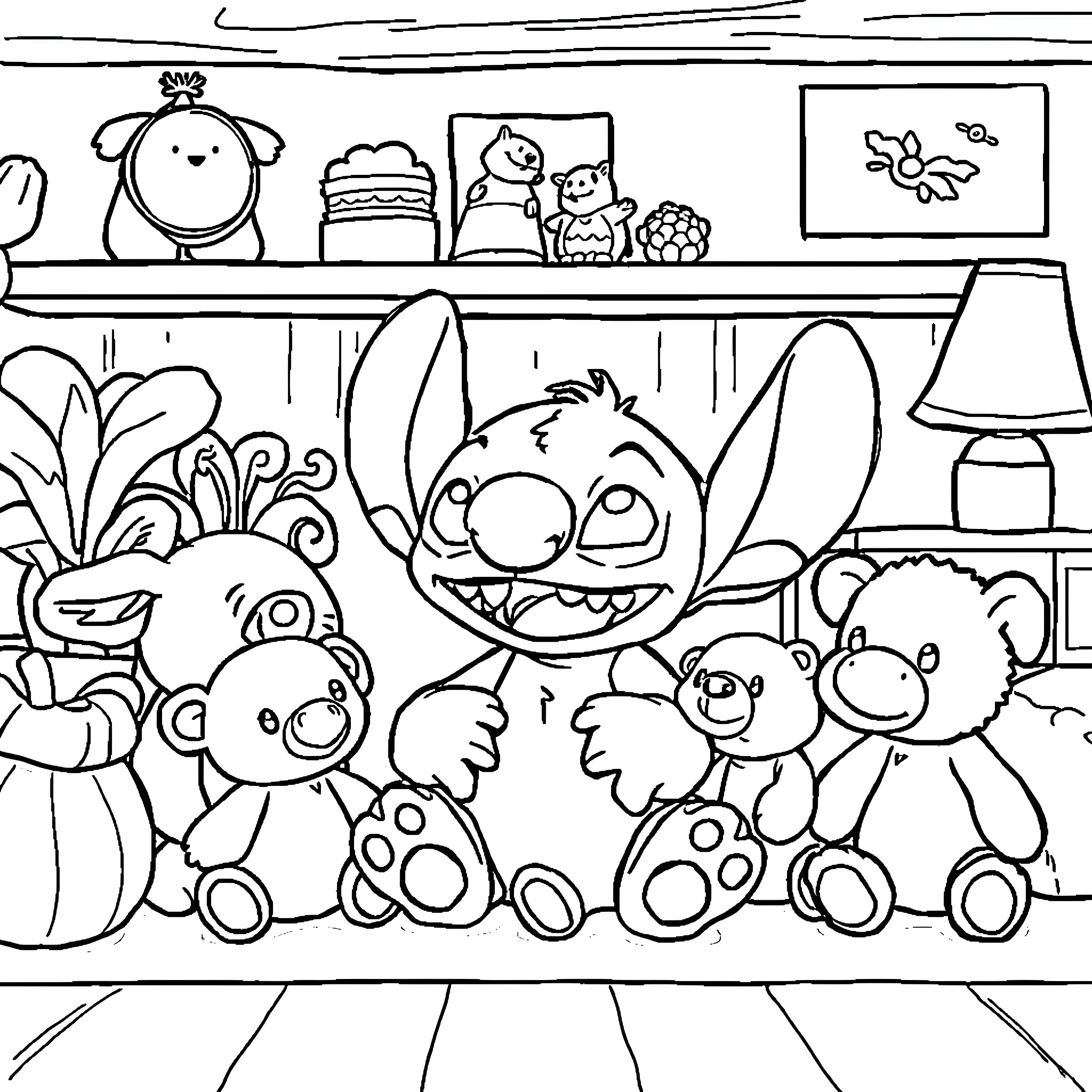 Stitch and friends playing in the living room Coloring Page (free black-and-white line drawing printable PDF for all, from beginners to advanced learners, including children, teens, adults, and seniors)