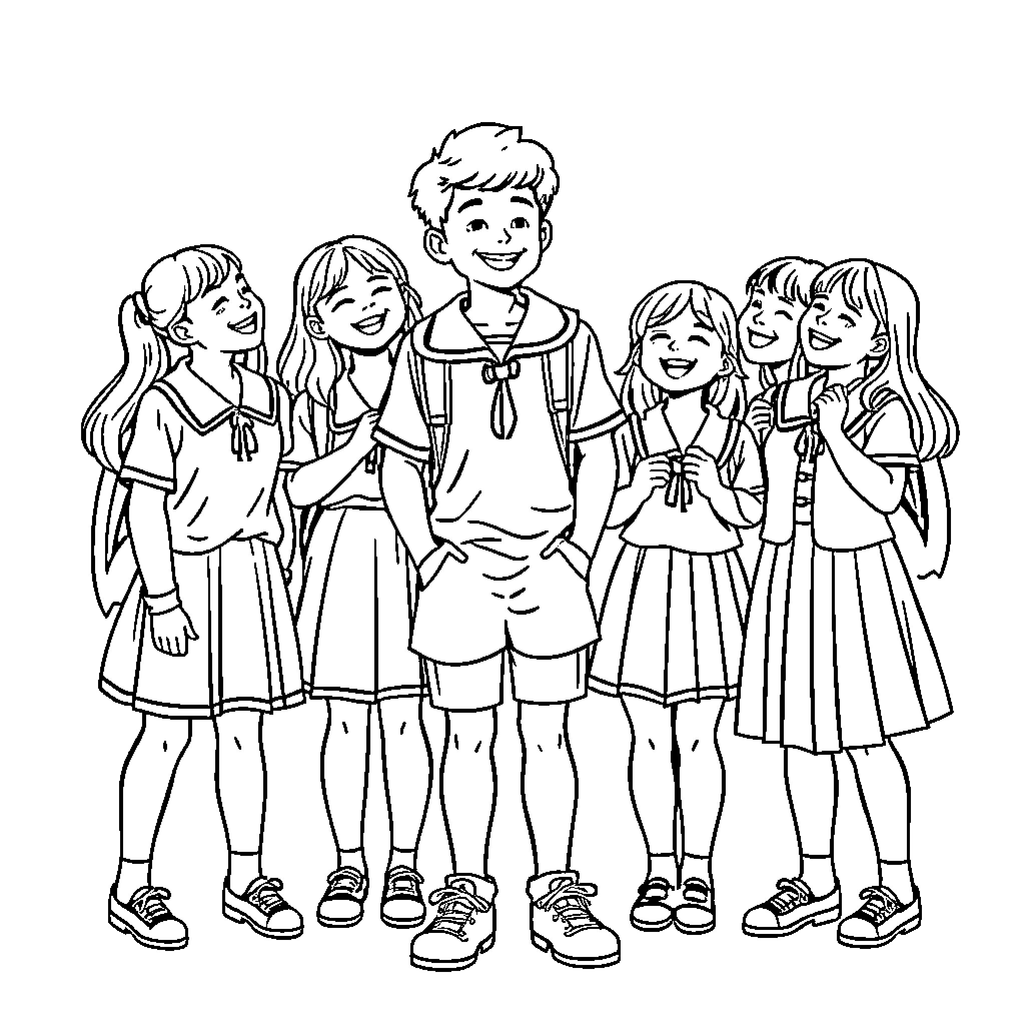 Teen Boy and His Group of Friends Coloring Page (free black-and-white line drawing printable PDF for all, from beginners to advanced learners, including children, teens, adults, and seniors)