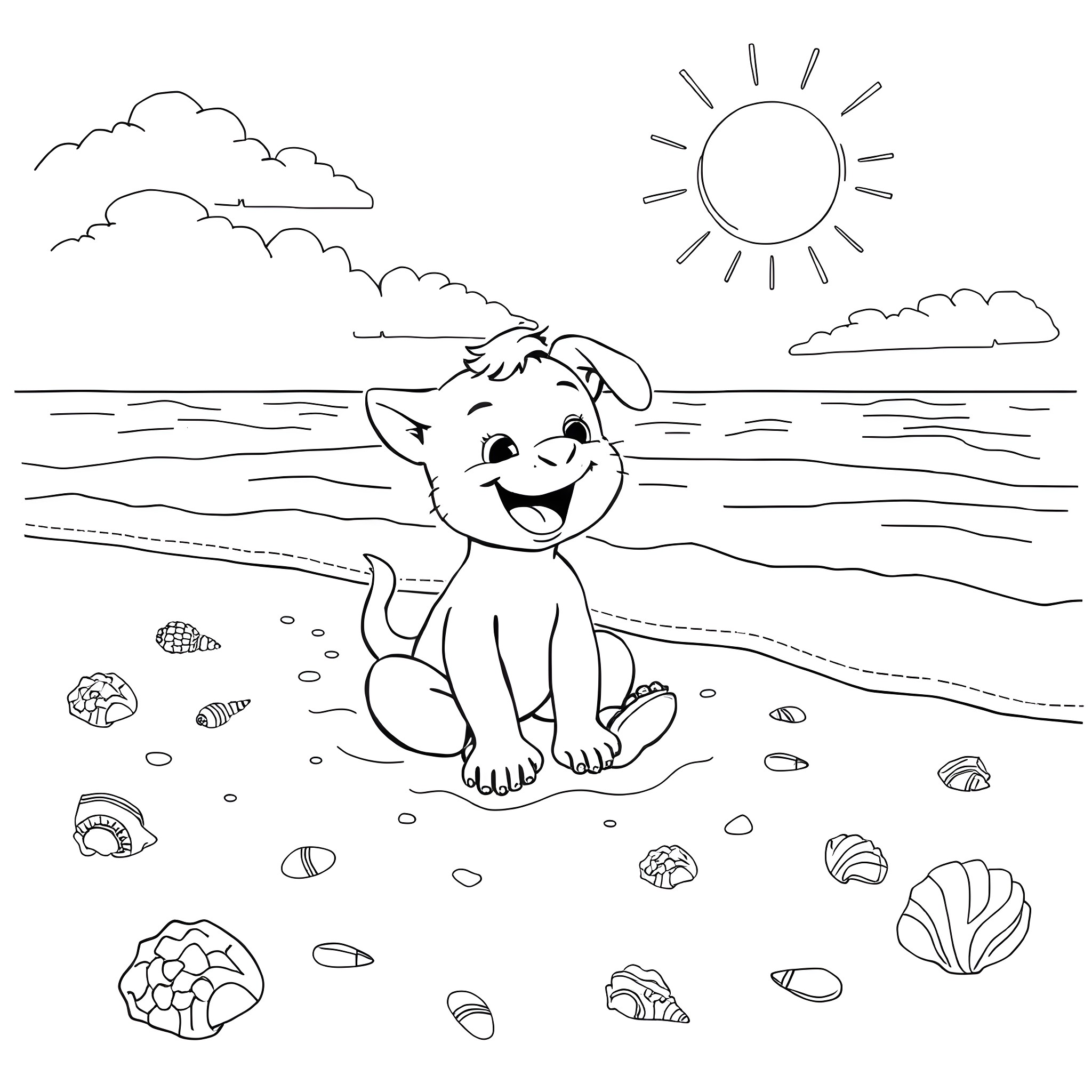 Bluey playing happily on the beach Coloring Page (free black-and-white line drawing printable PDF for all, from beginners to advanced learners, including children, teens, adults, and seniors)