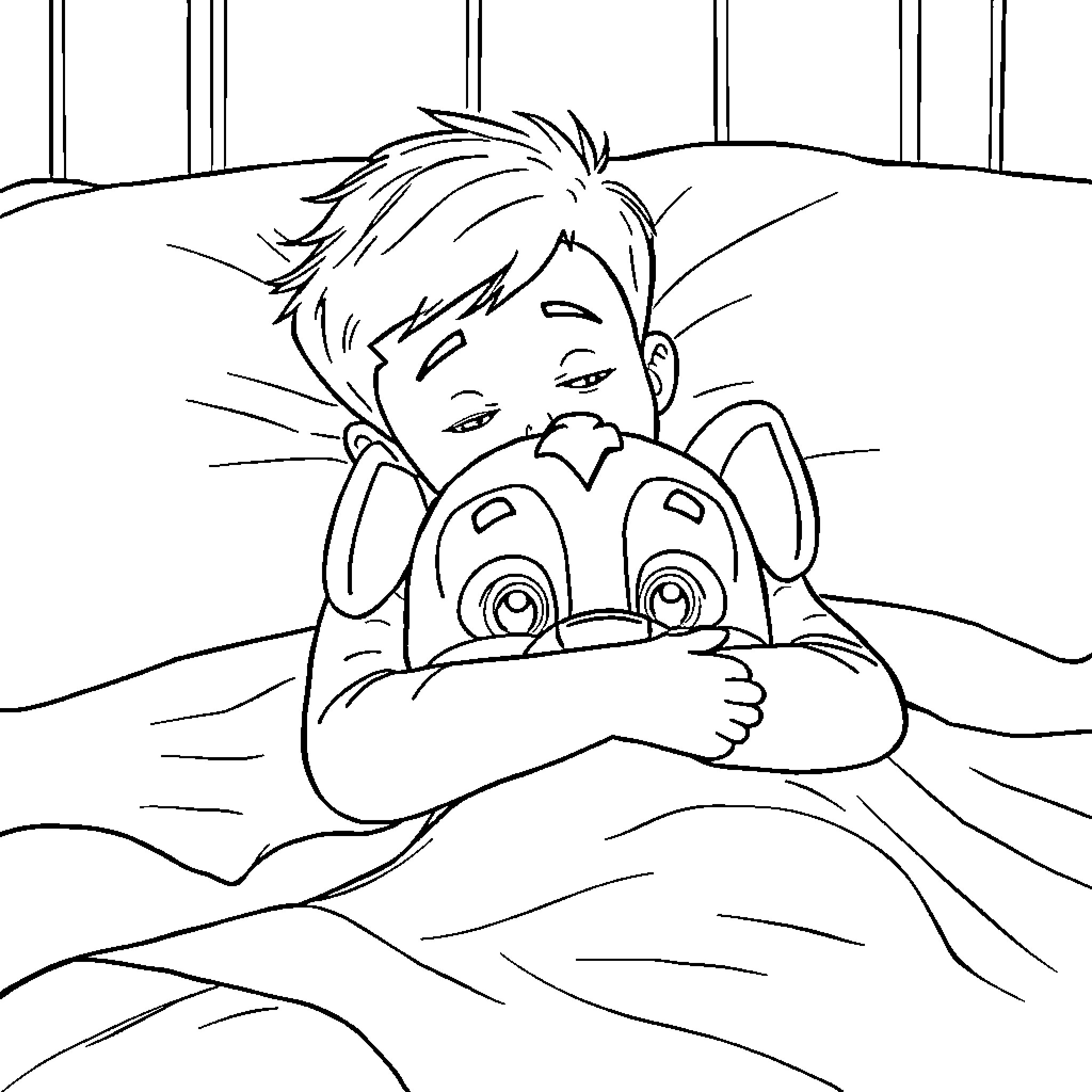Boy sleeping peacefully with stuffed animal Coloring Page (free black-and-white line drawing printable PDF for all, from beginners to advanced learners, including children, teens, adults, and seniors)