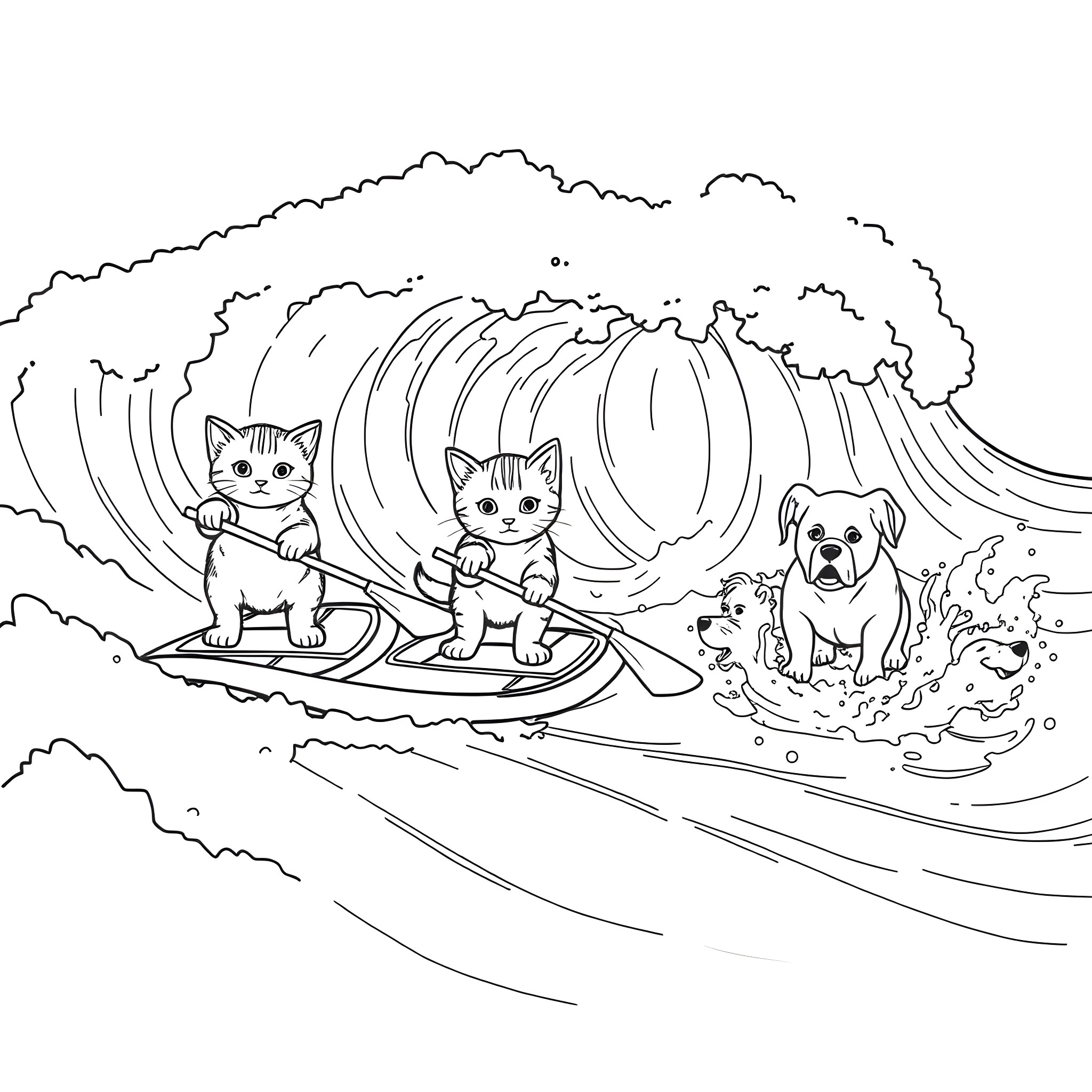 Kittens surfing with their puppy friend Coloring Page (free black-and-white line drawing printable PDF for all, from beginners to advanced learners, including children, teens, adults, and seniors)
