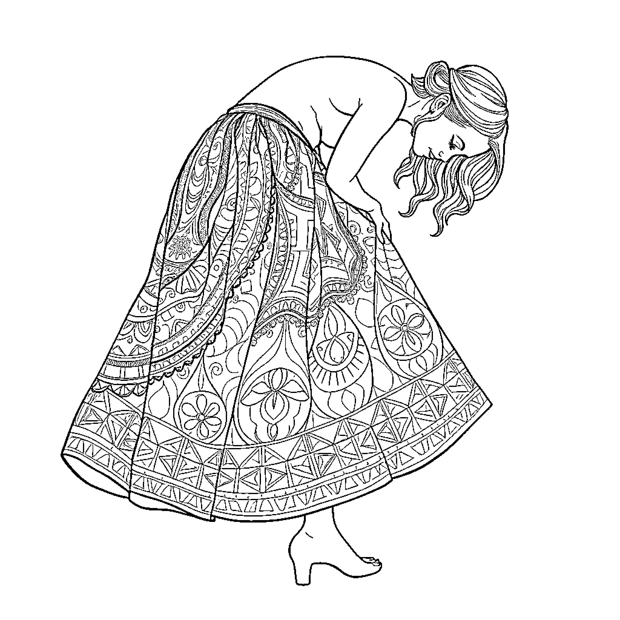 Woman in Flowing Floral Dress Dancing Coloring Page (free black-and-white line drawing printable PDF for all, from beginners to advanced learners, including children, teens, adults, and seniors)