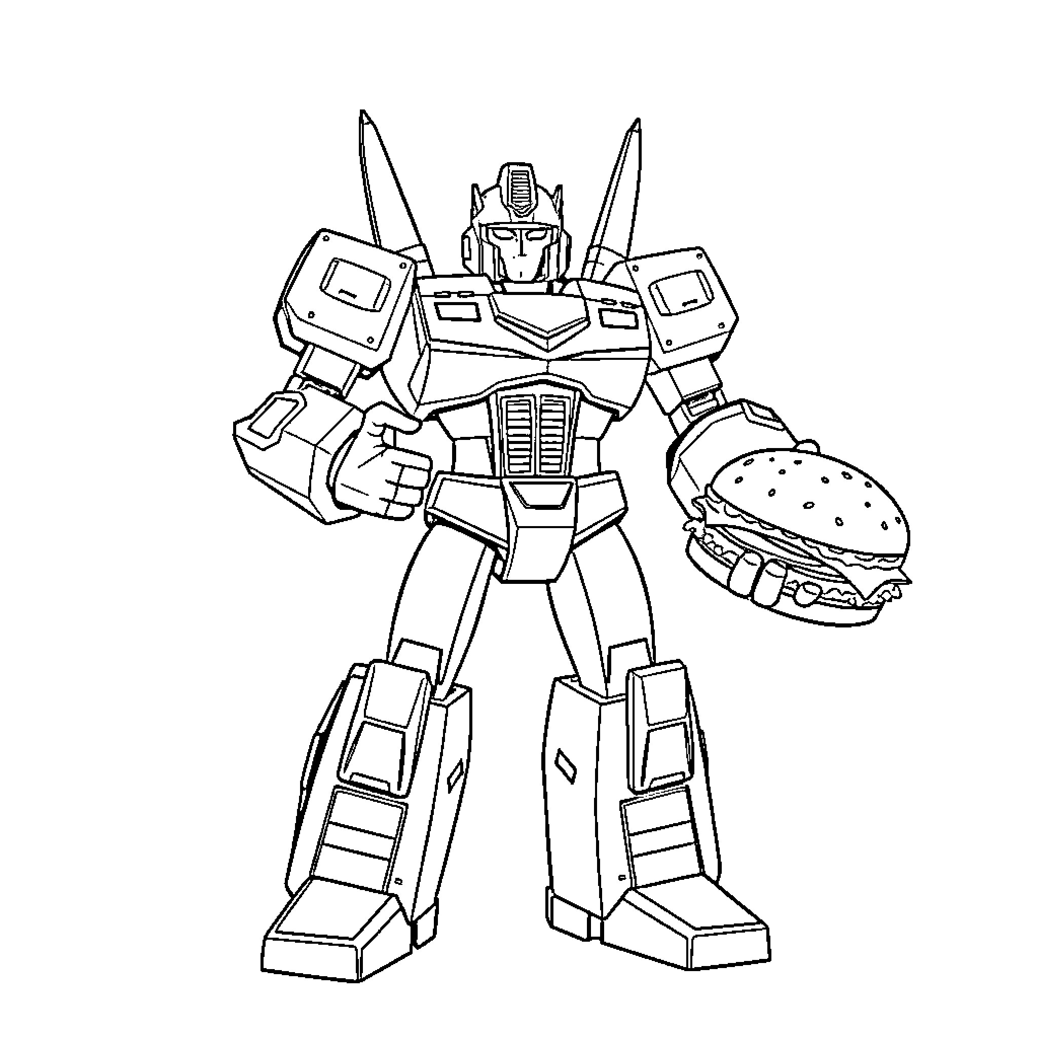 Swindle the Transforming Robot with Hamburger Coloring Page (free black-and-white line drawing printable PDF for all, from beginners to advanced learners, including children, teens, adults, and seniors)