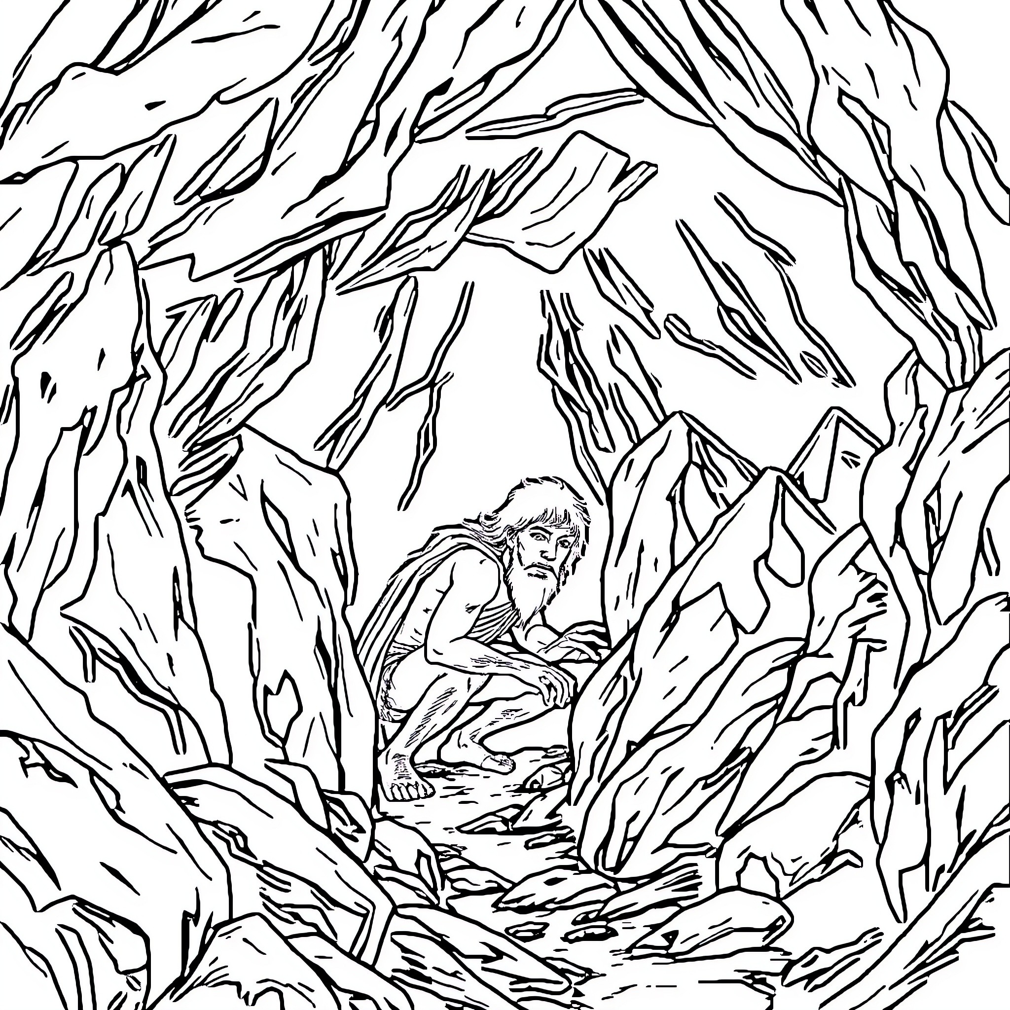 Man sitting alone in a rugged, mountainous landscape Coloring Page (free black-and-white line drawing printable PDF for all, from beginners to advanced learners, including children, teens, adults, and seniors)