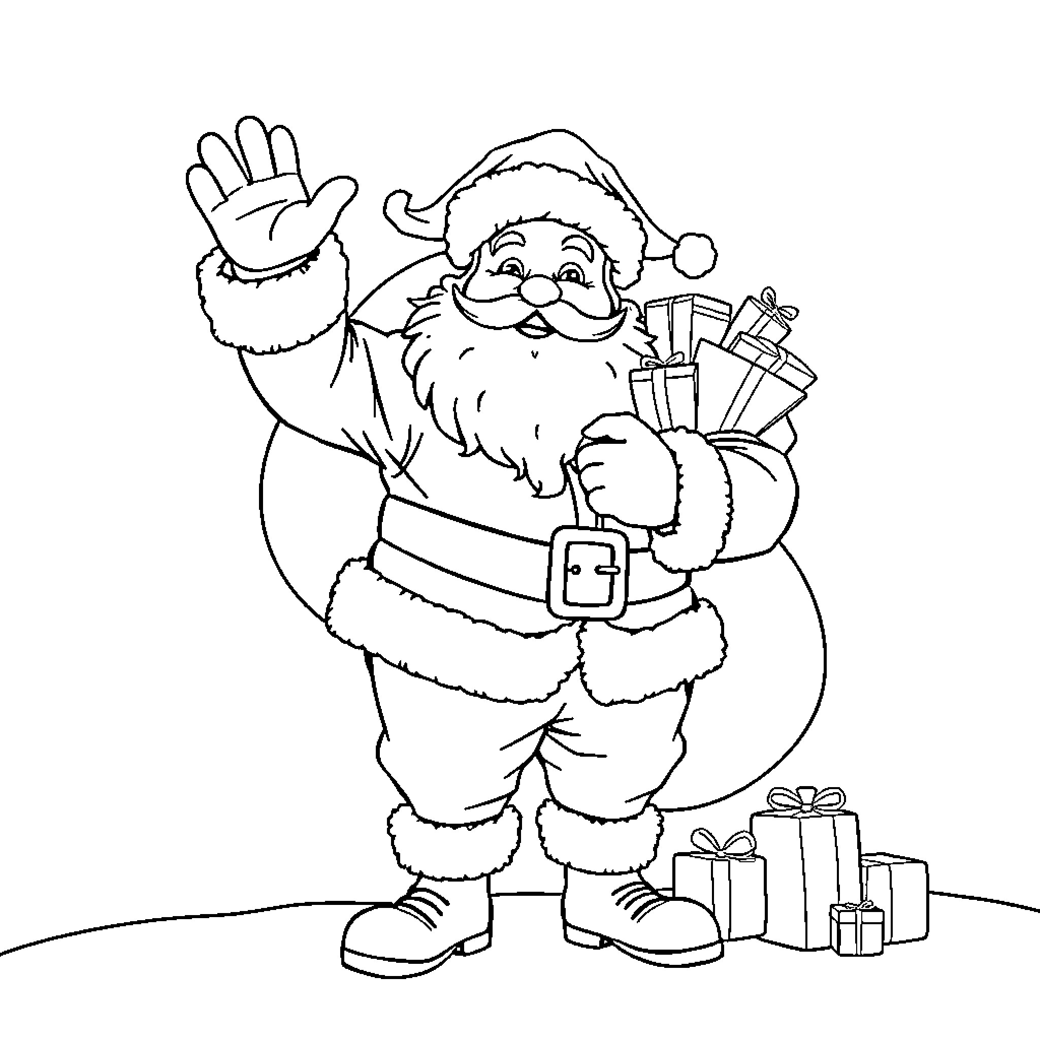 Santa waving and holding gifts Coloring Page (free black-and-white line drawing printable PDF for all, from beginners to advanced learners, including children, teens, adults, and seniors)