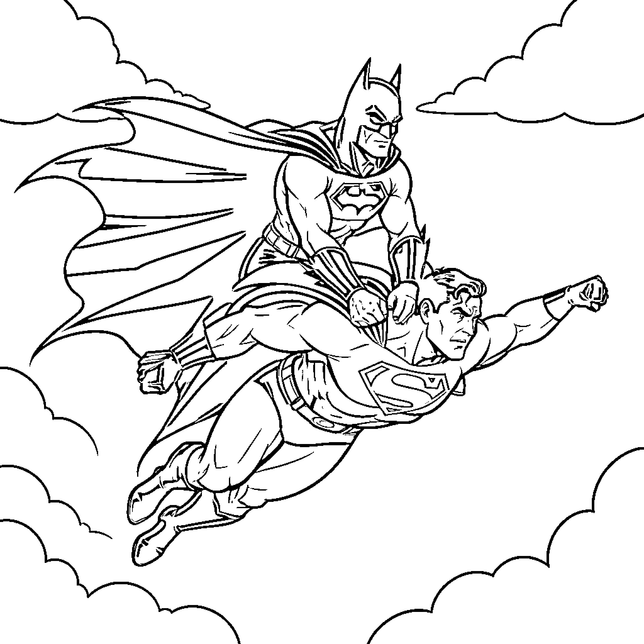 Batman and Superman soaring through the clouds Coloring Page (free black-and-white line drawing printable PDF for all, from beginners to advanced learners, including children, teens, adults, and seniors)