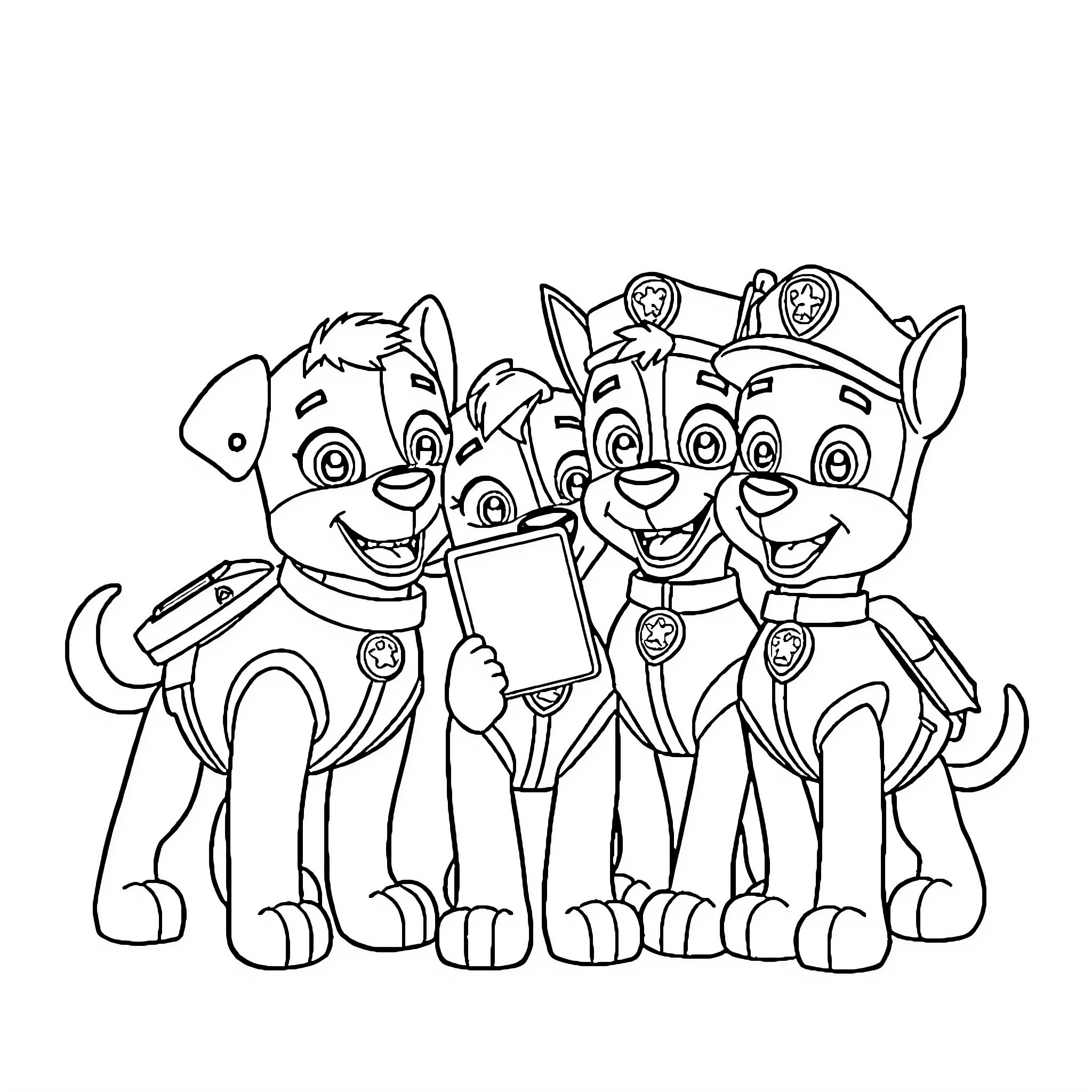 Paw Patrol dogs taking a group selfie Coloring Page (free black-and-white line drawing printable PDF for all, from beginners to advanced learners, including children, teens, adults, and seniors)