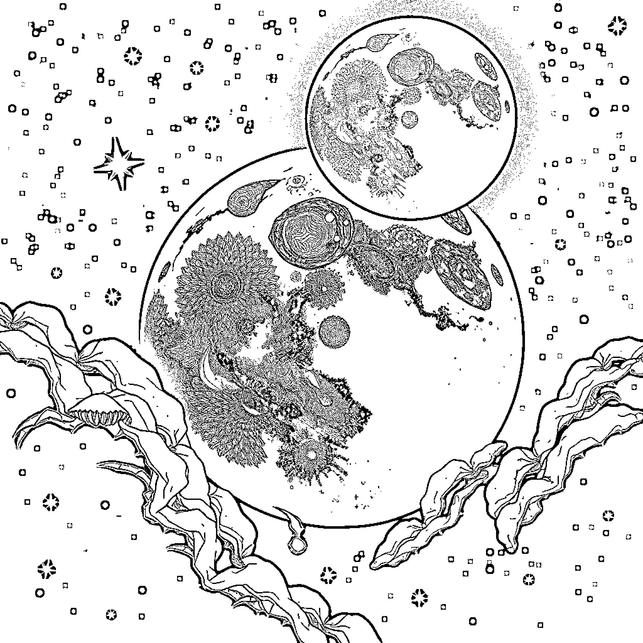 Evolution of Celestial Bodies in the Cosmos Coloring Page (free black-and-white line drawing printable PDF for all, from beginners to advanced learners, including children, teens, adults, and seniors)