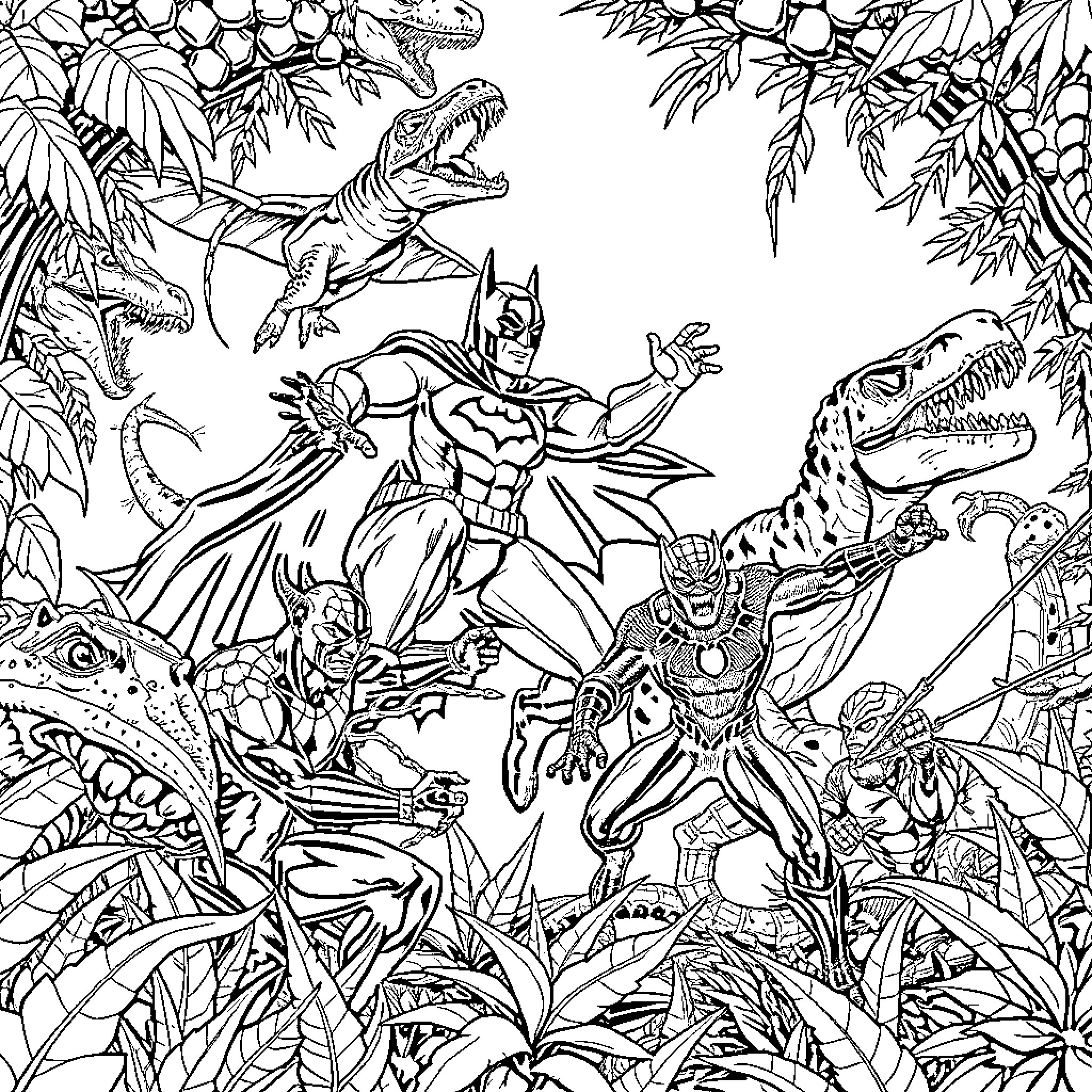 Dinosaur characters battling in a jungle landscape Coloring Page (free black-and-white line drawing printable PDF for all, from beginners to advanced learners, including children, teens, adults, and seniors)