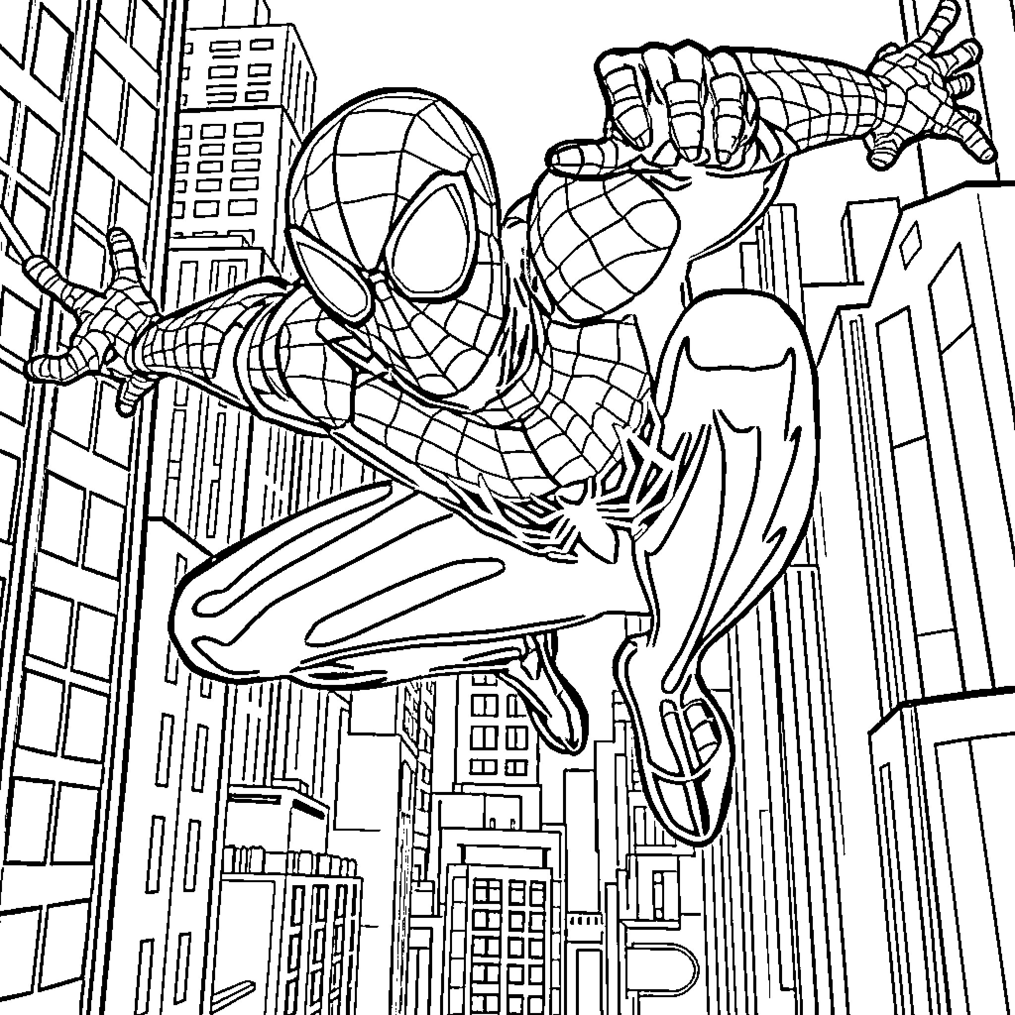 Spider-Man swinging through the city skyline Coloring Page (free black-and-white line drawing printable PDF for all, from beginners to advanced learners, including children, teens, adults, and seniors)