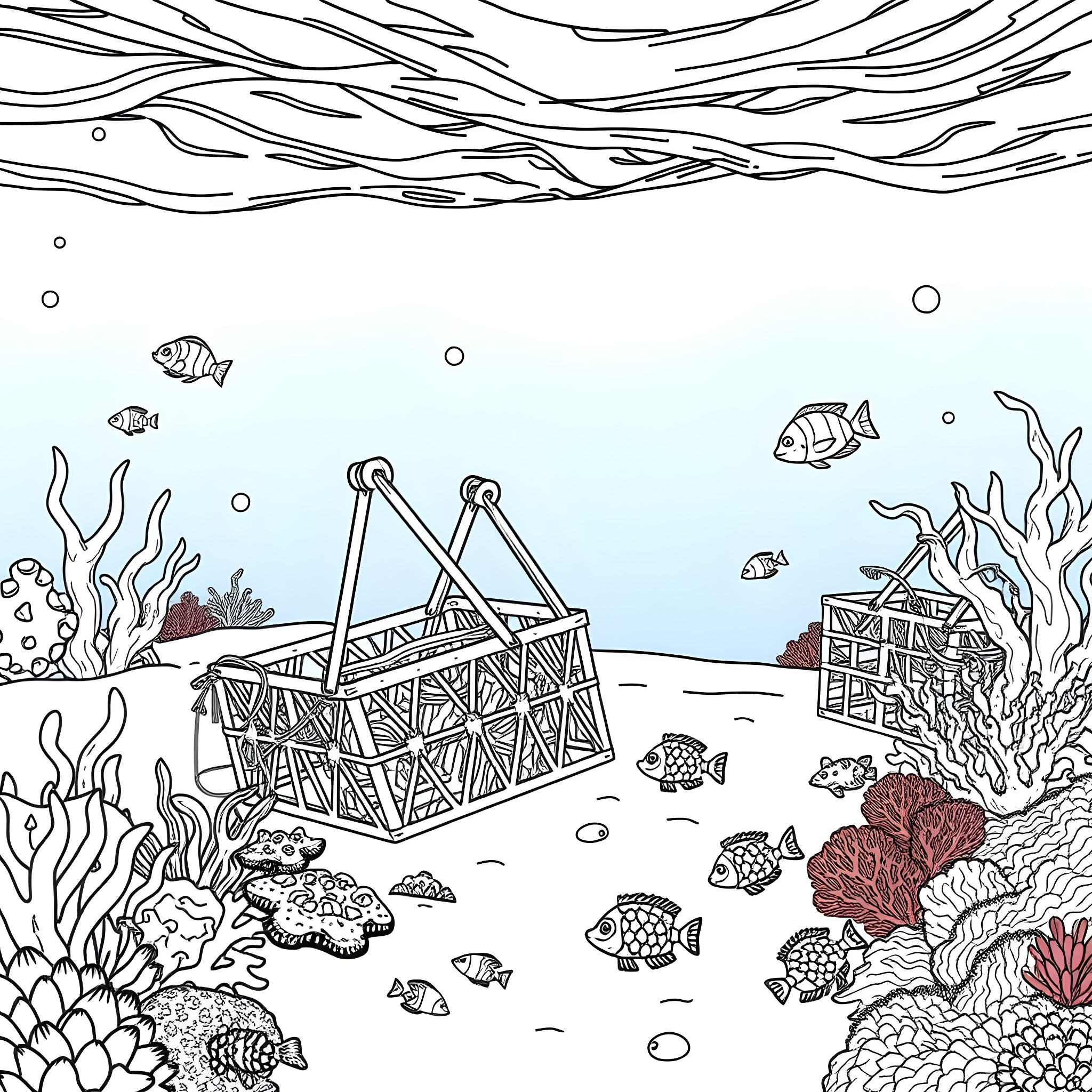 Lobster Pot Underwater Landscape with Marine Life Coloring Page (free black-and-white line drawing printable PDF for all, from beginners to advanced learners, including children, teens, adults, and seniors)