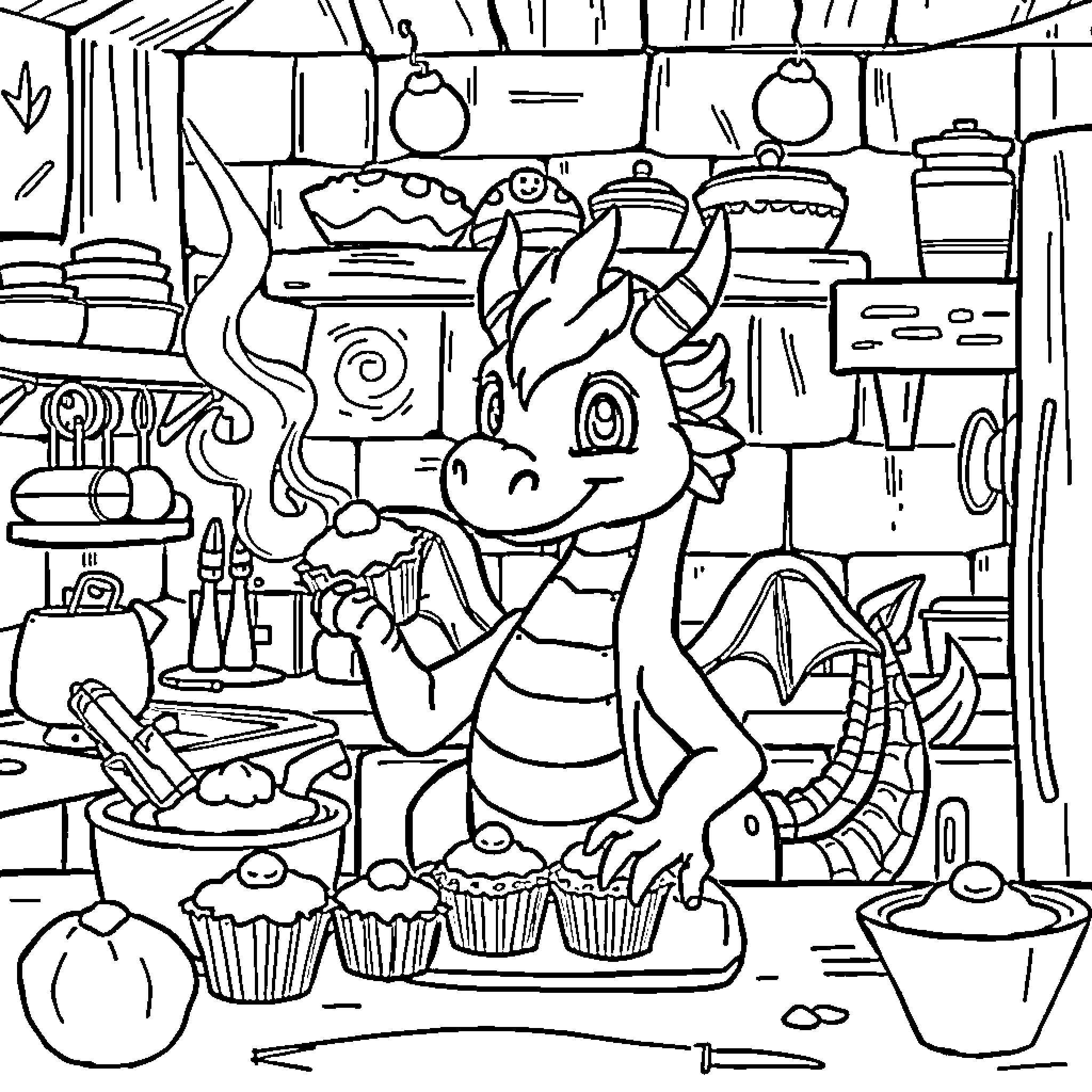 Dragon Baking Delightful Treats in the Kitchen Coloring Page (free black-and-white line drawing printable PDF for all, from beginners to advanced learners, including children, teens, adults, and seniors)