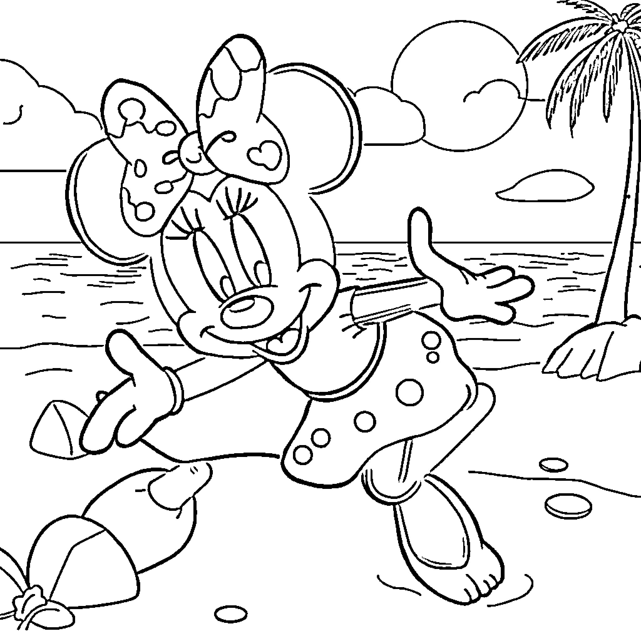 Minnie enjoying a sunny day at the beach Coloring Page (free black-and-white line drawing printable PDF for all, from beginners to advanced learners, including children, teens, adults, and seniors)