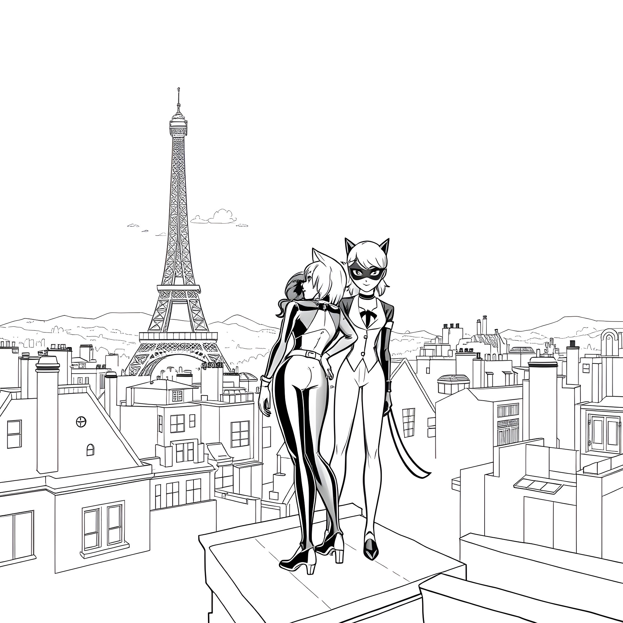 Miraculous Heroines Soar Over the Parisian Skyline Coloring Page (free black-and-white line drawing printable PDF for all, from beginners to advanced learners, including children, teens, adults, and seniors)