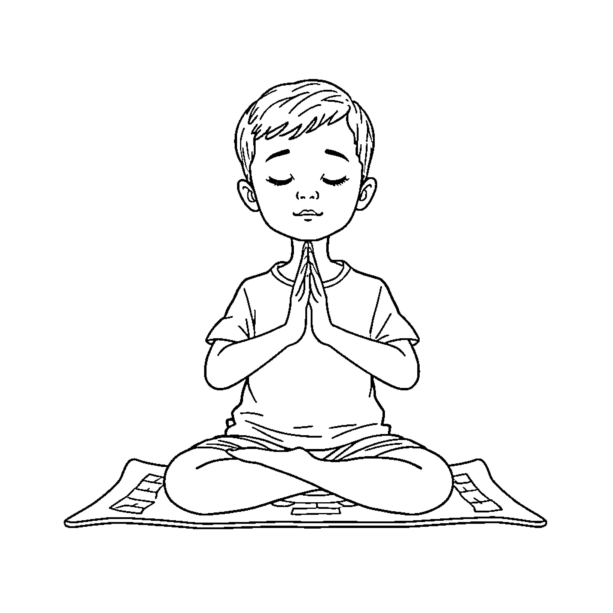 Child practicing meditation with hands in prayer Coloring Page (free black-and-white line drawing printable PDF for all, from beginners to advanced learners, including children, teens, adults, and seniors)