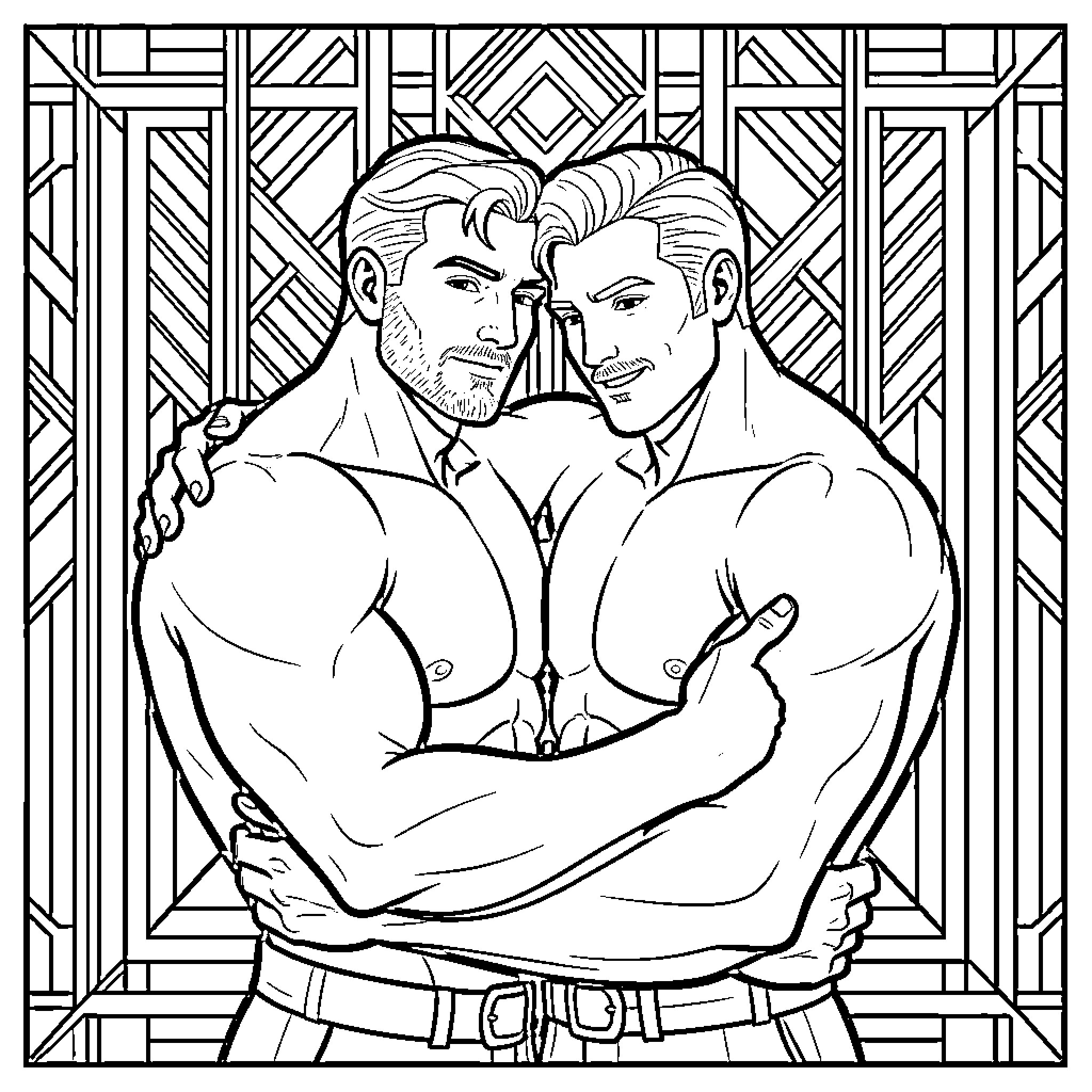 Homme embracing lovingly in an intimate pose Coloring Page (free black-and-white line drawing printable PDF for all, from beginners to advanced learners, including children, teens, adults, and seniors)