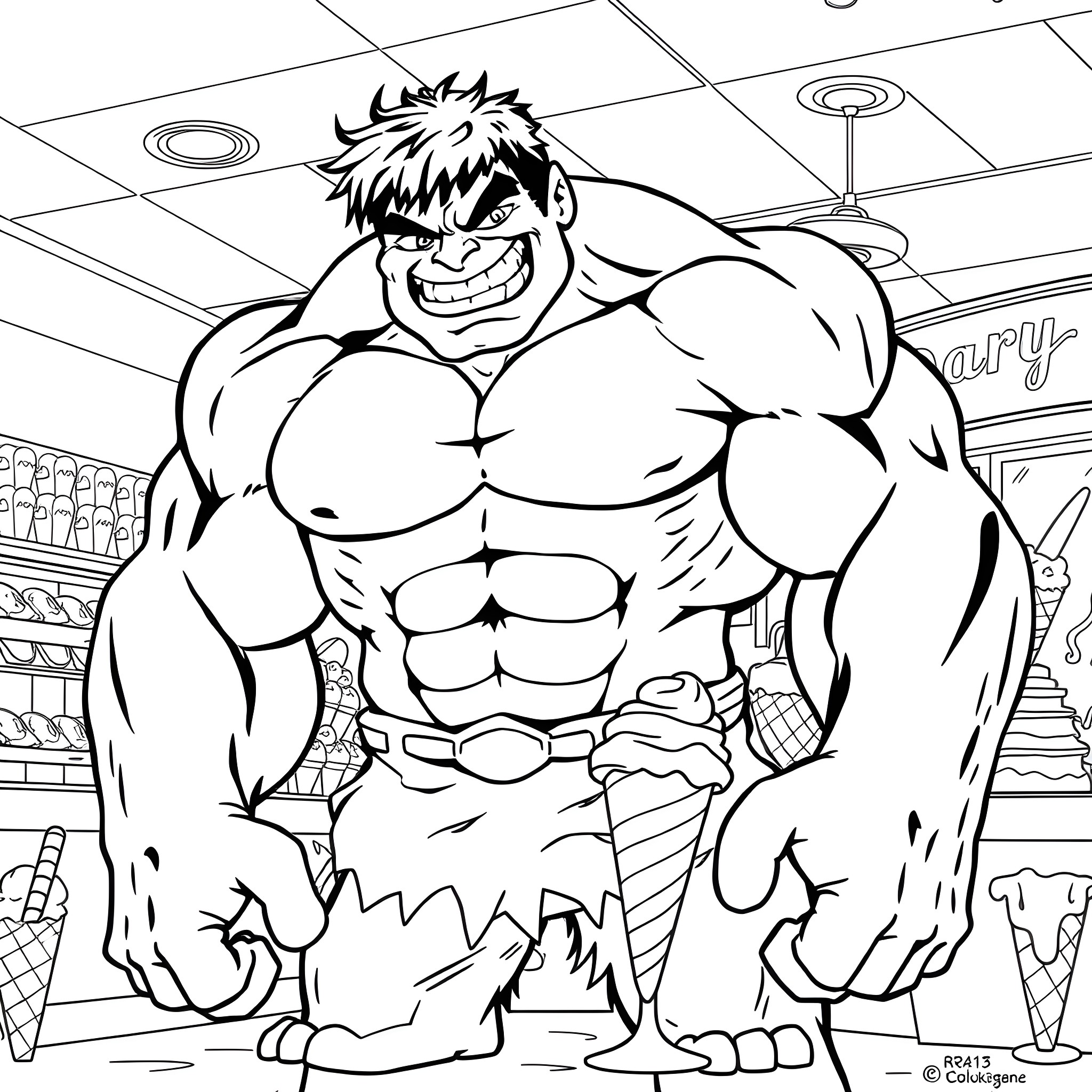 Hulk Flexing Muscles in Angry Pose Coloring Page (free black-and-white line drawing printable PDF for all, from beginners to advanced learners, including children, teens, adults, and seniors)