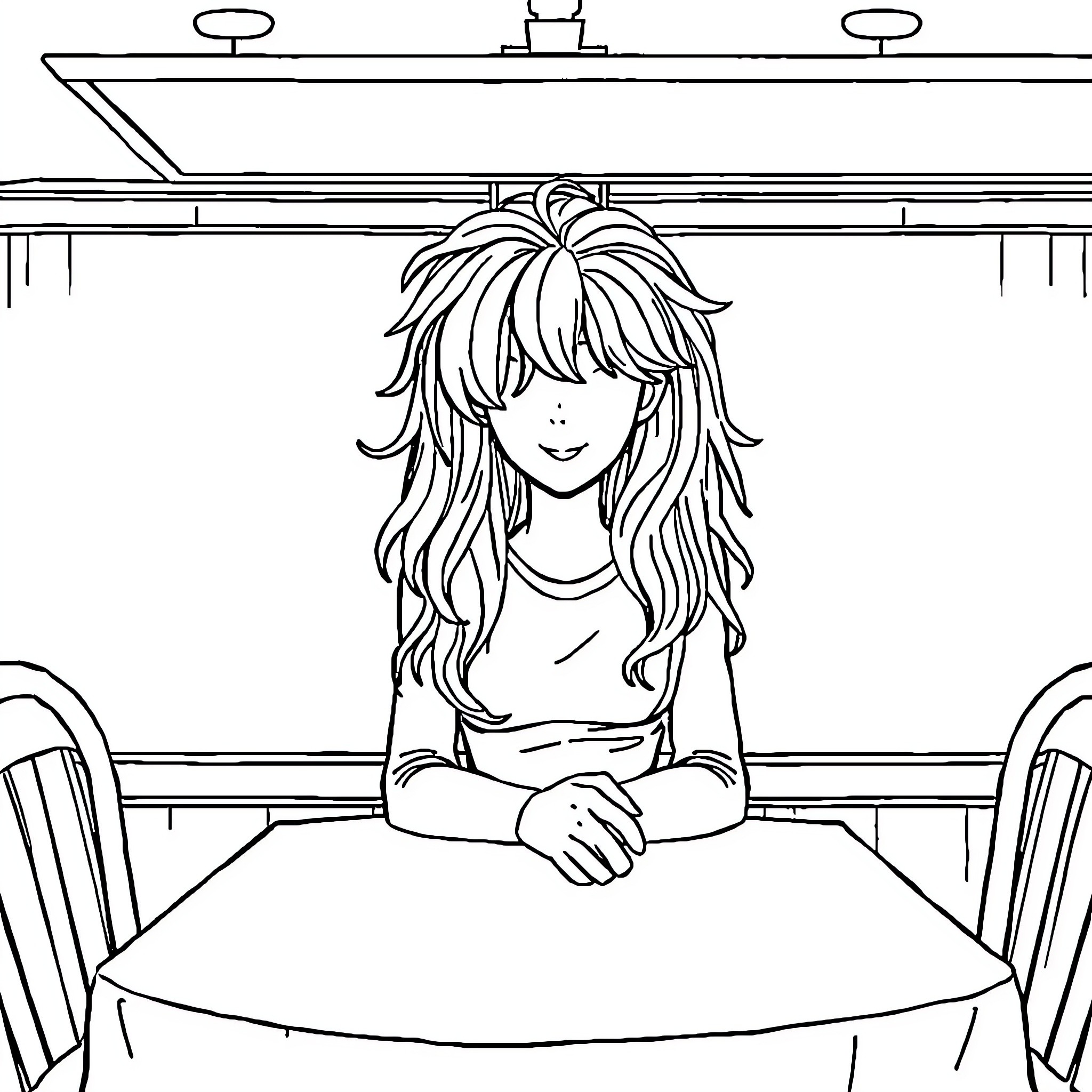 Wig-wearing woman sitting at a table Coloring Page (free black-and-white line drawing printable PDF for all, from beginners to advanced learners, including children, teens, adults, and seniors)