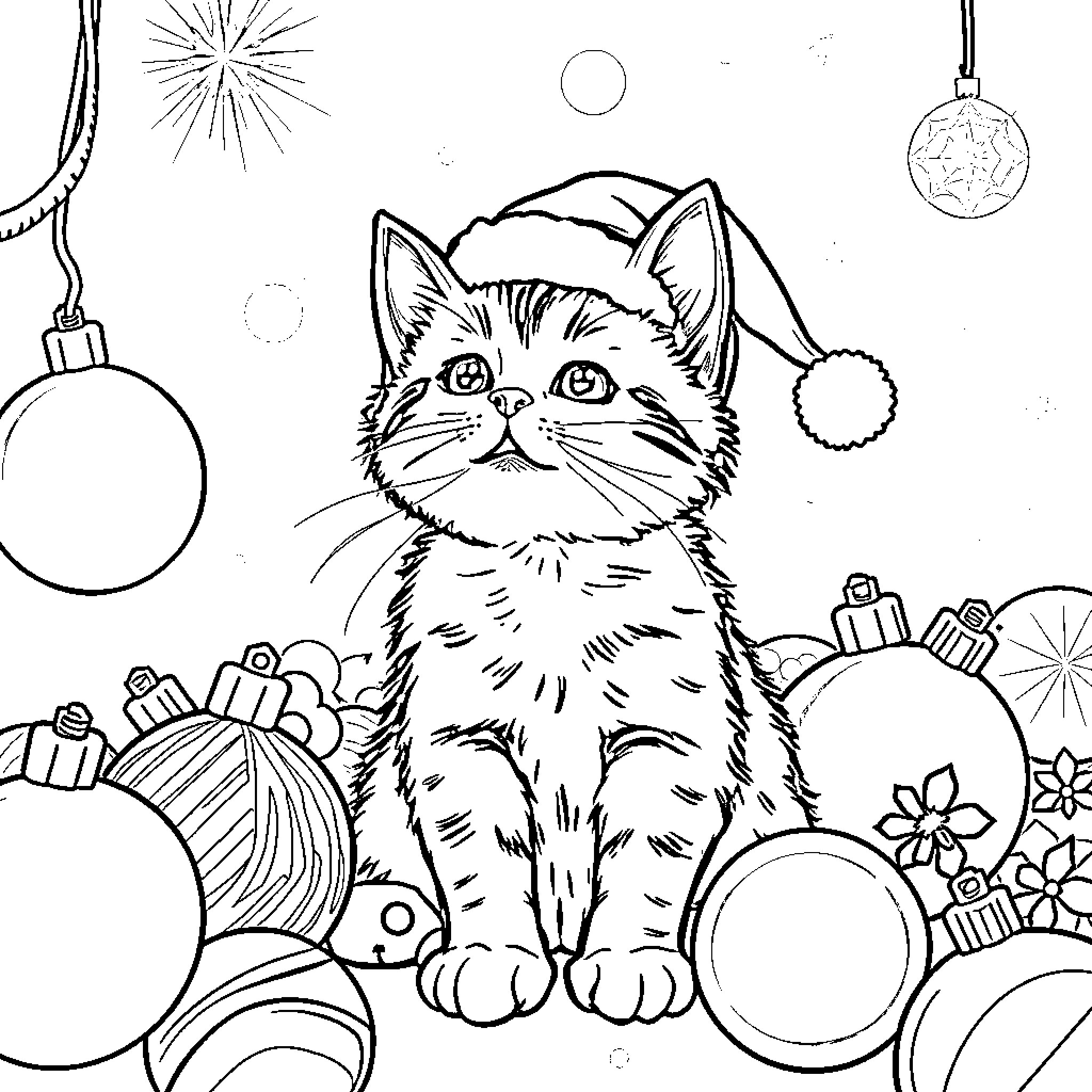 Cat wearing Santa hat surrounded by Christmas decorations Coloring Page (free black-and-white line drawing printable PDF for all, from beginners to advanced learners, including children, teens, adults, and seniors)