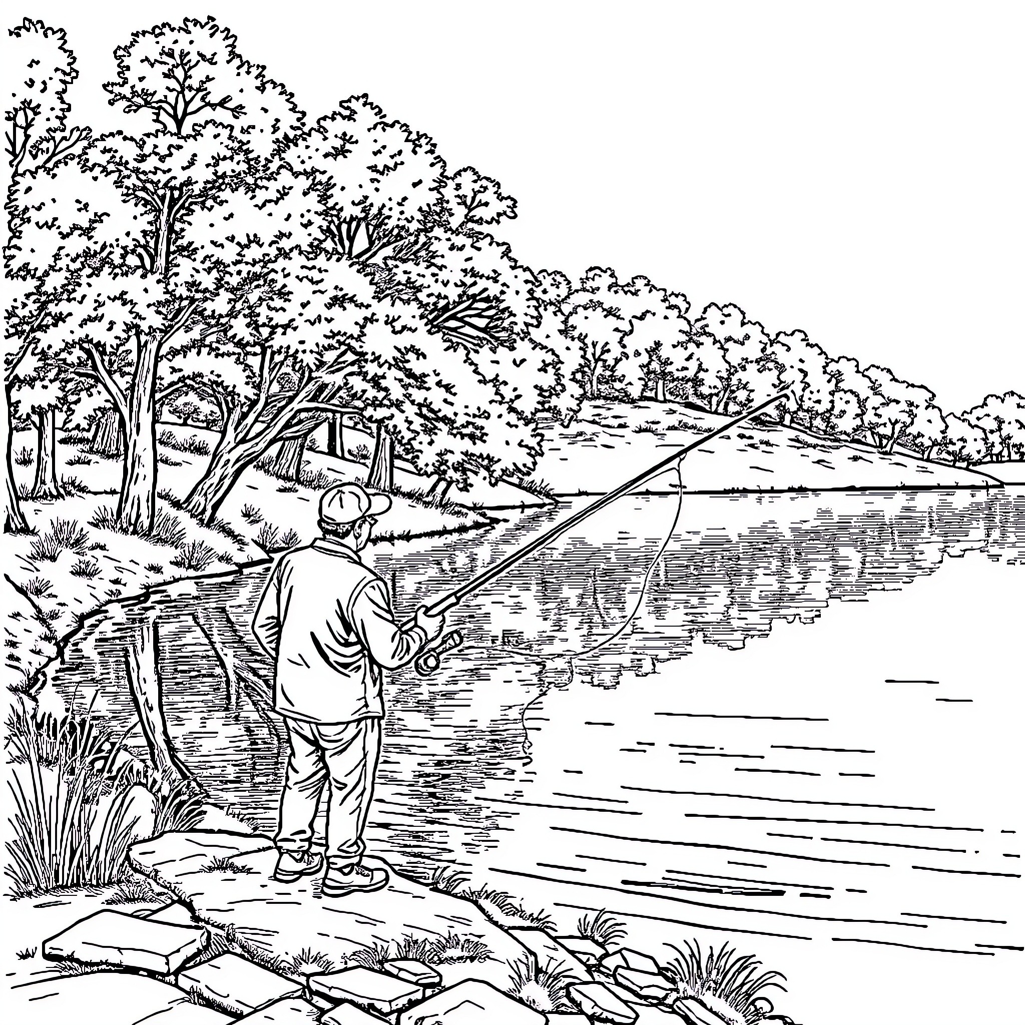 Man fishing by the peaceful riverside Coloring Page (free black-and-white line drawing printable PDF for all, from beginners to advanced learners, including children, teens, adults, and seniors)