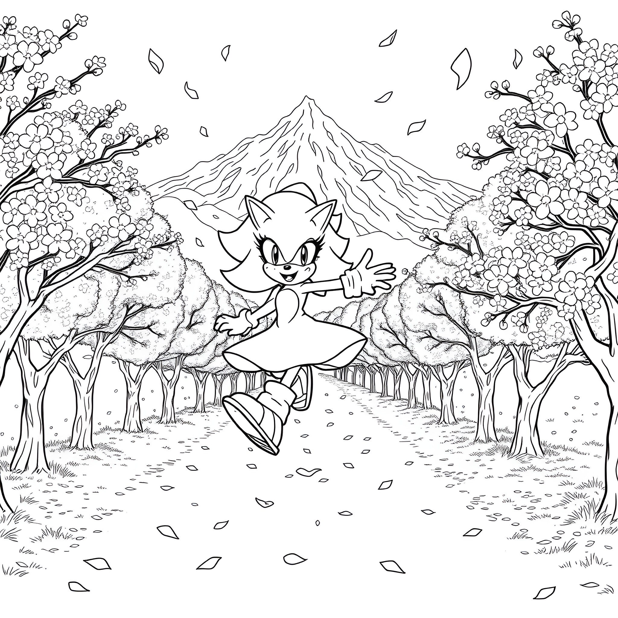 Tangela exploring the blossoming landscape Coloring Page (free black-and-white line drawing printable PDF for all, from beginners to advanced learners, including children, teens, adults, and seniors)