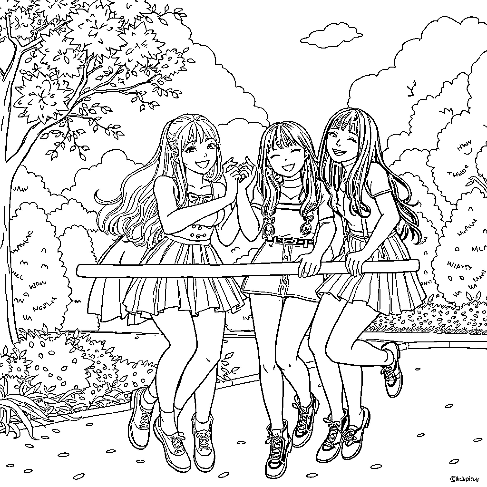 Blackpink members enjoying a day in the park Coloring Page (free black-and-white line drawing printable PDF for all, from beginners to advanced learners, including children, teens, adults, and seniors)