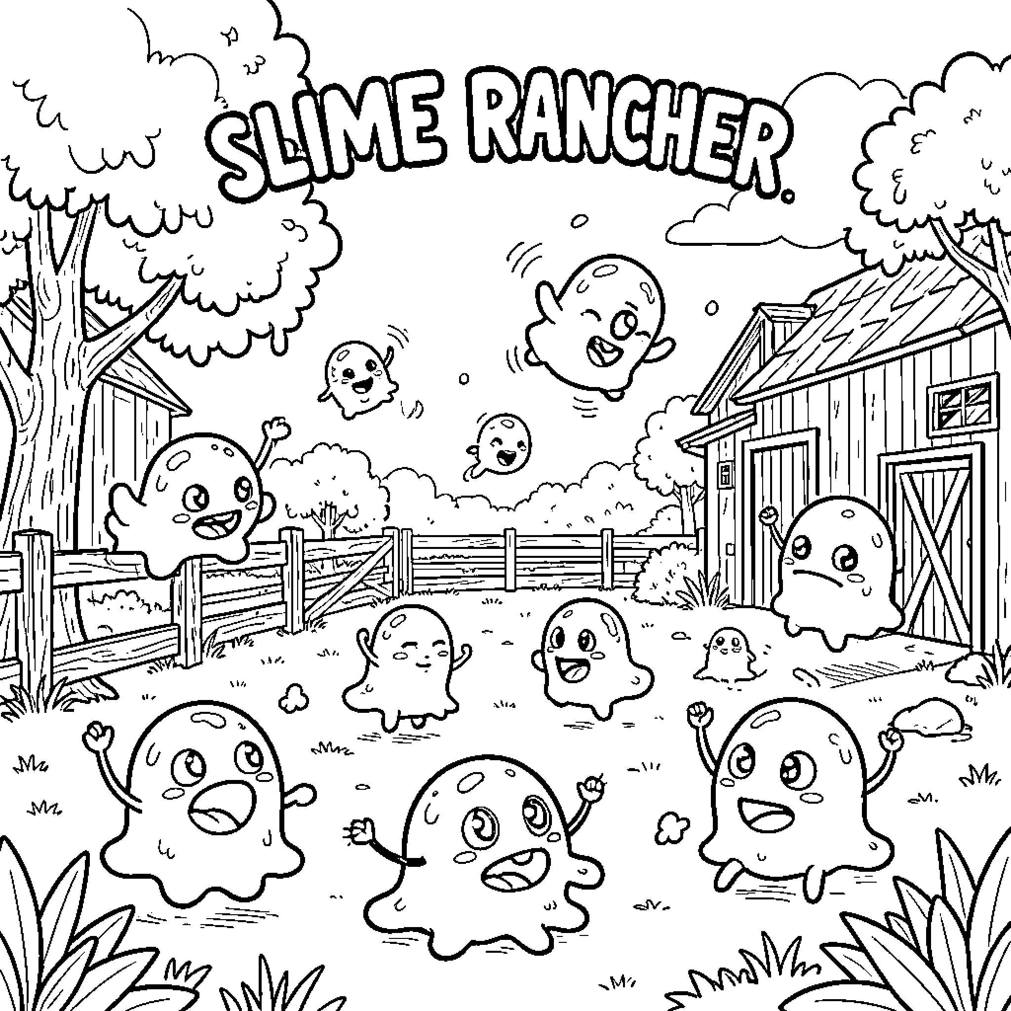 Slime characters jumping and playing in a farm scene Coloring Page (free black-and-white line drawing printable PDF for all, from beginners to advanced learners, including children, teens, adults, and seniors)