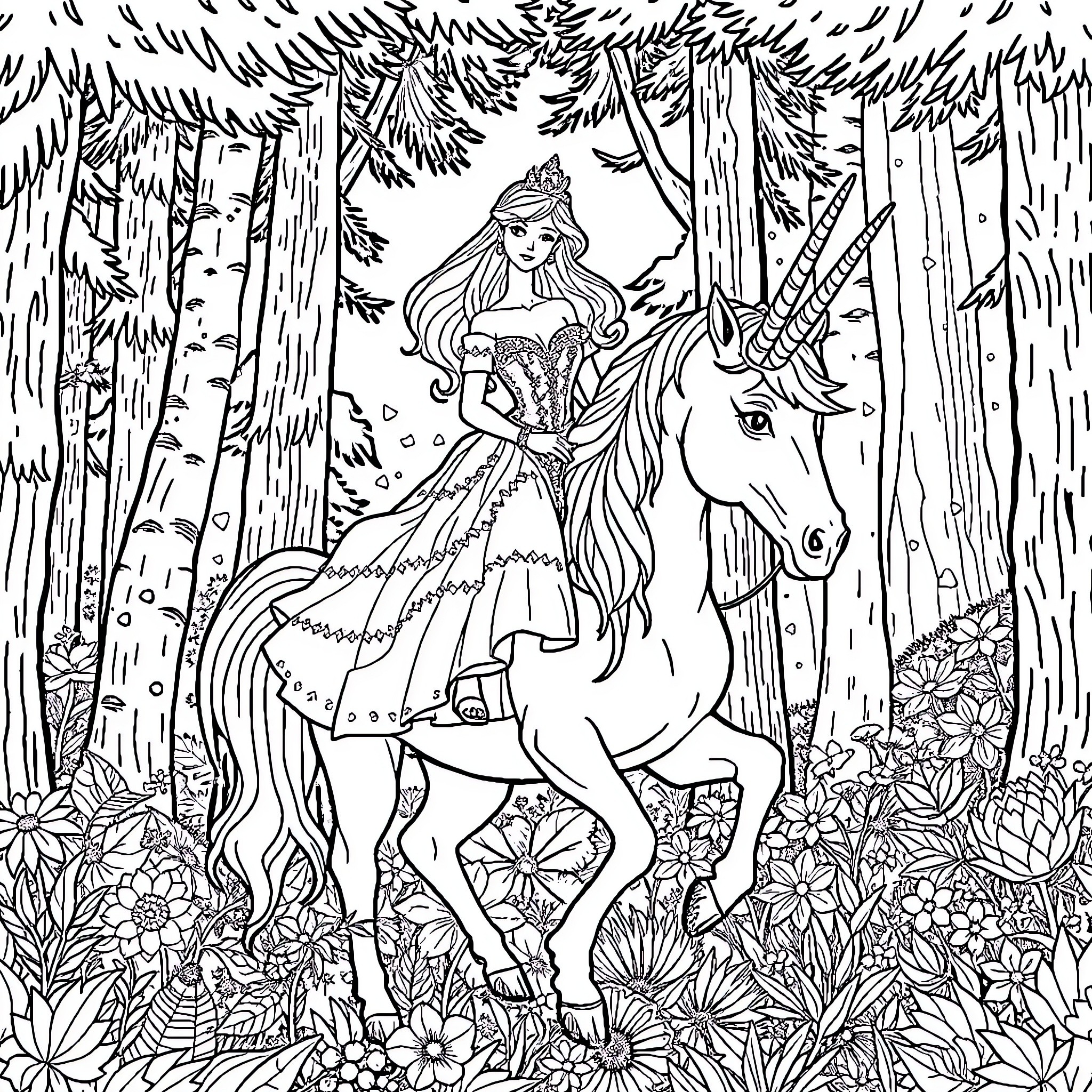 Princess Riding a Majestic Unicorn in Enchanted Forest Coloring Page (free black-and-white line drawing printable PDF for all, from beginners to advanced learners, including children, teens, adults, and seniors)