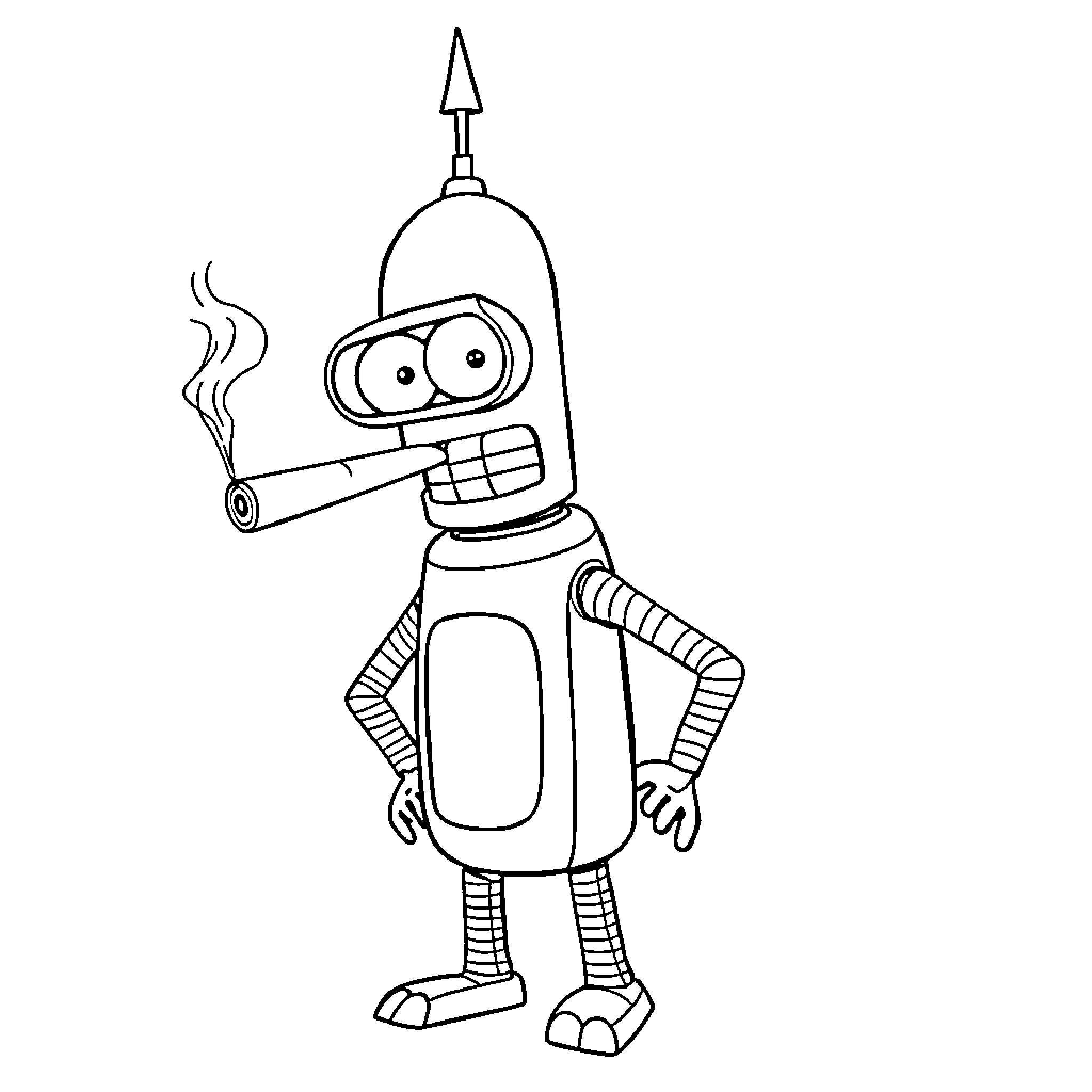 Bender the robot with a cigar Coloring Page (free black-and-white line drawing printable PDF for all, from beginners to advanced learners, including children, teens, adults, and seniors)