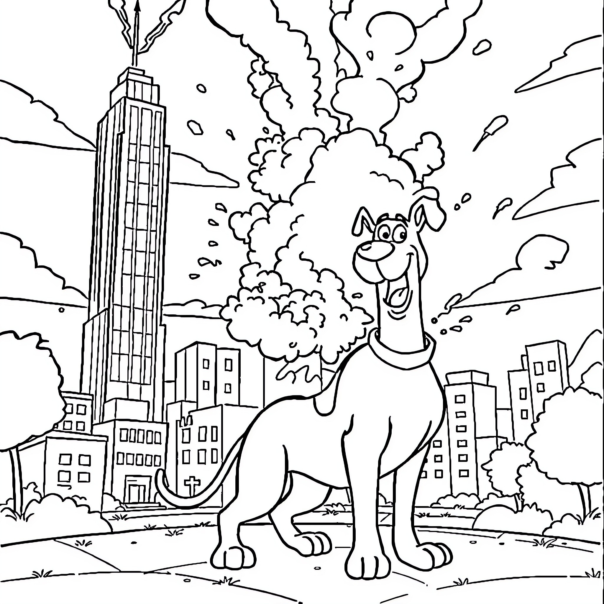 Scooby Doo Explores the Bustling City Skyline Coloring Page (free black-and-white line drawing printable PDF for all, from beginners to advanced learners, including children, teens, adults, and seniors)