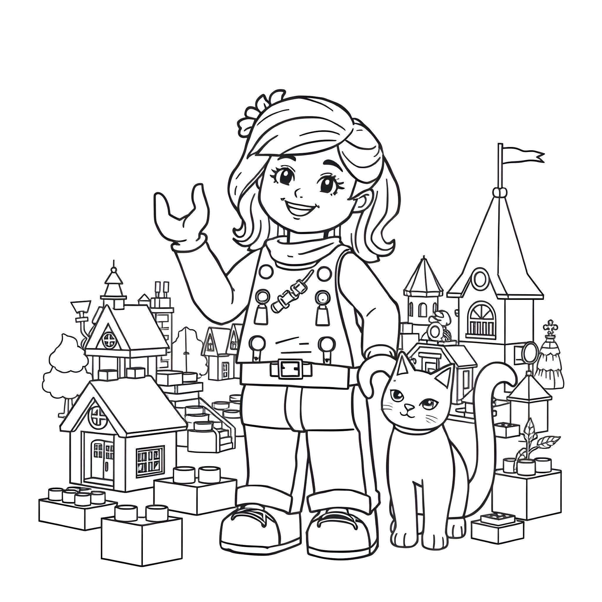 Lego Girl Exploring the Colorful Lego World Coloring Page (free black-and-white line drawing printable PDF for all, from beginners to advanced learners, including children, teens, adults, and seniors)