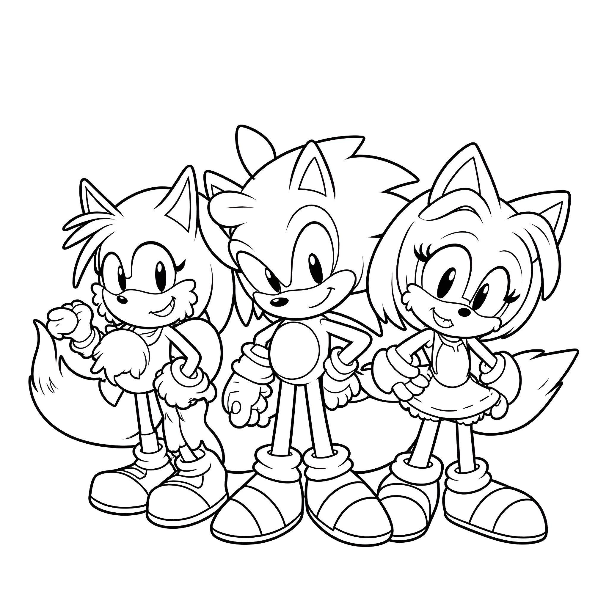 Sonic Characters in Playful Poses Coloring Page (free black-and-white line drawing printable PDF for all, from beginners to advanced learners, including children, teens, adults, and seniors)