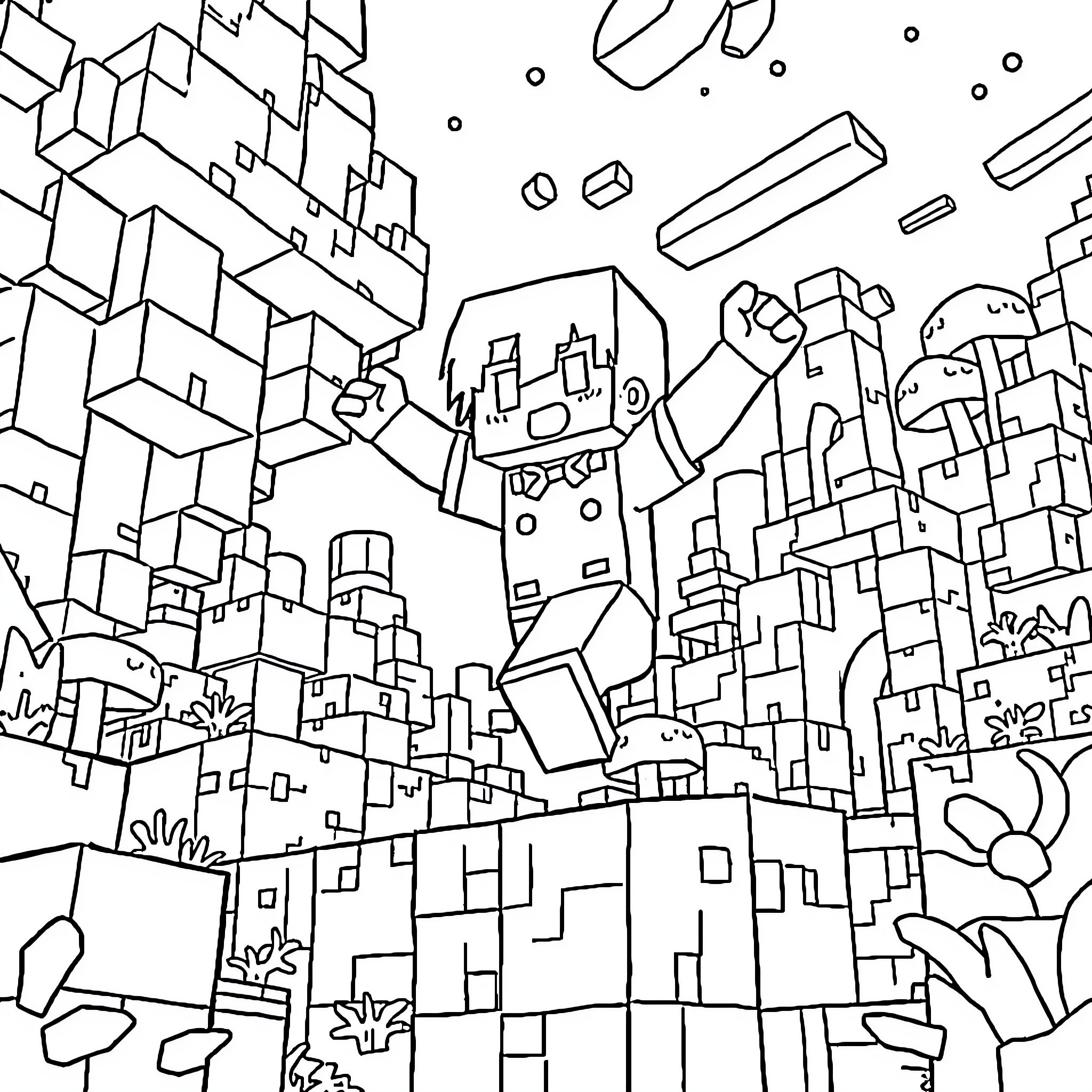 Kuromi exploring a surreal cubist landscape Coloring Page (free black-and-white line drawing printable PDF for all, from beginners to advanced learners, including children, teens, adults, and seniors)