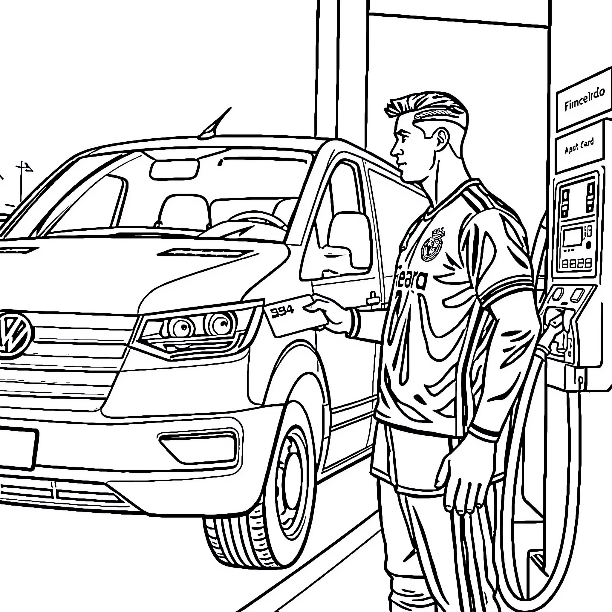 Cristiano Ronaldo fueling up his vehicle at the gas station Coloring Page (free black-and-white line drawing printable PDF for all, from beginners to advanced learners, including children, teens, adults, and seniors)