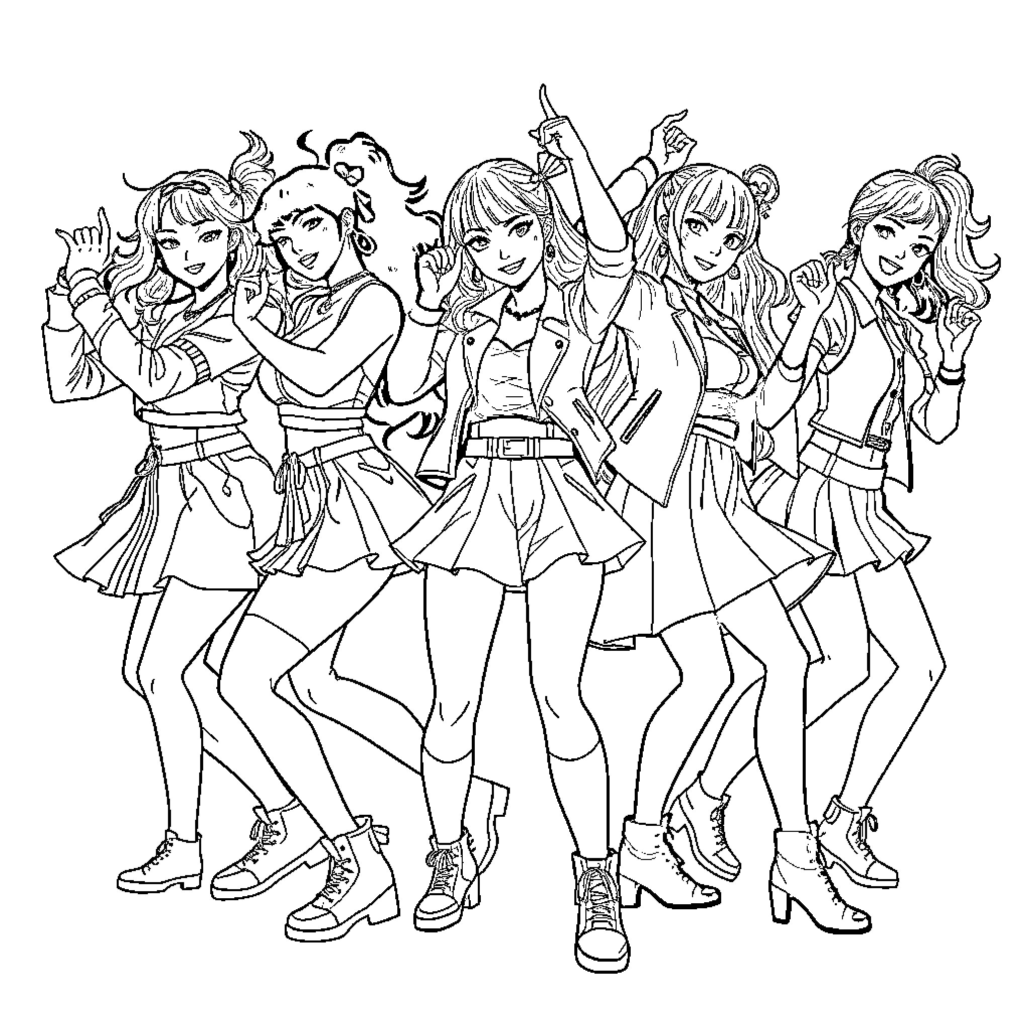 K Pop Warrior Dancers Performing Energetic Routine Coloring Page (free black-and-white line drawing printable PDF for all, from beginners to advanced learners, including children, teens, adults, and seniors)