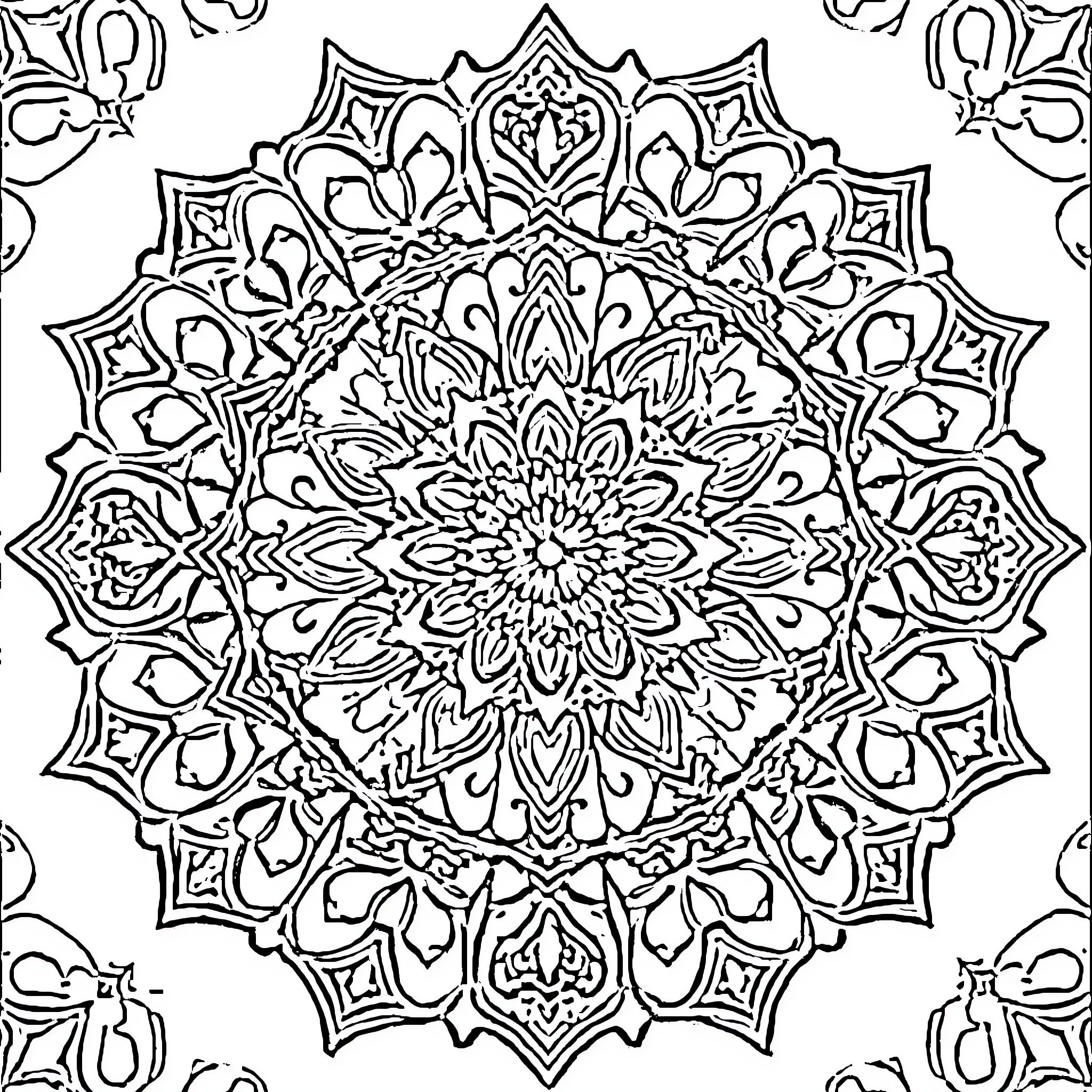 Mandala of intricate floral patterns Coloring Page (free black-and-white line drawing printable PDF for all, from beginners to advanced learners, including children, teens, adults, and seniors)