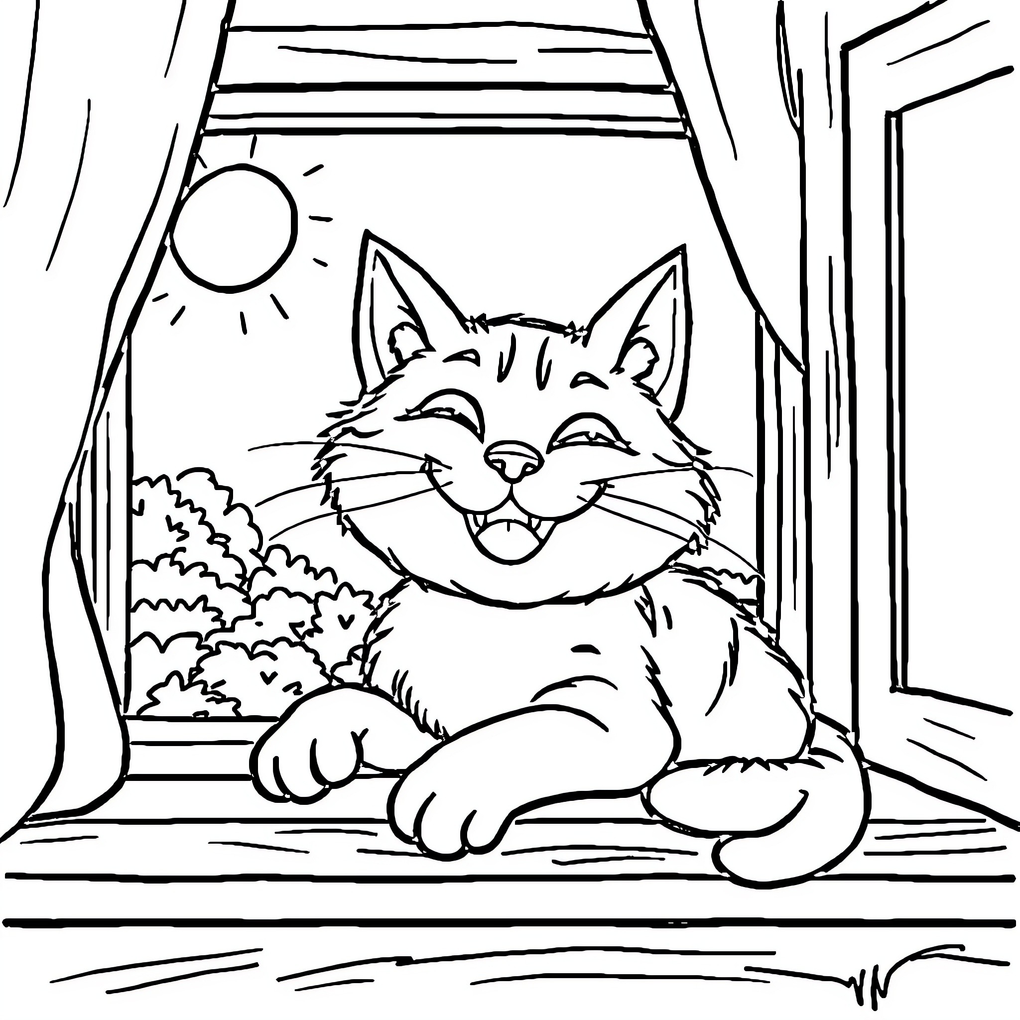 Cat enjoying the view from the window Coloring Page (free black-and-white line drawing printable PDF for all, from beginners to advanced learners, including children, teens, adults, and seniors)