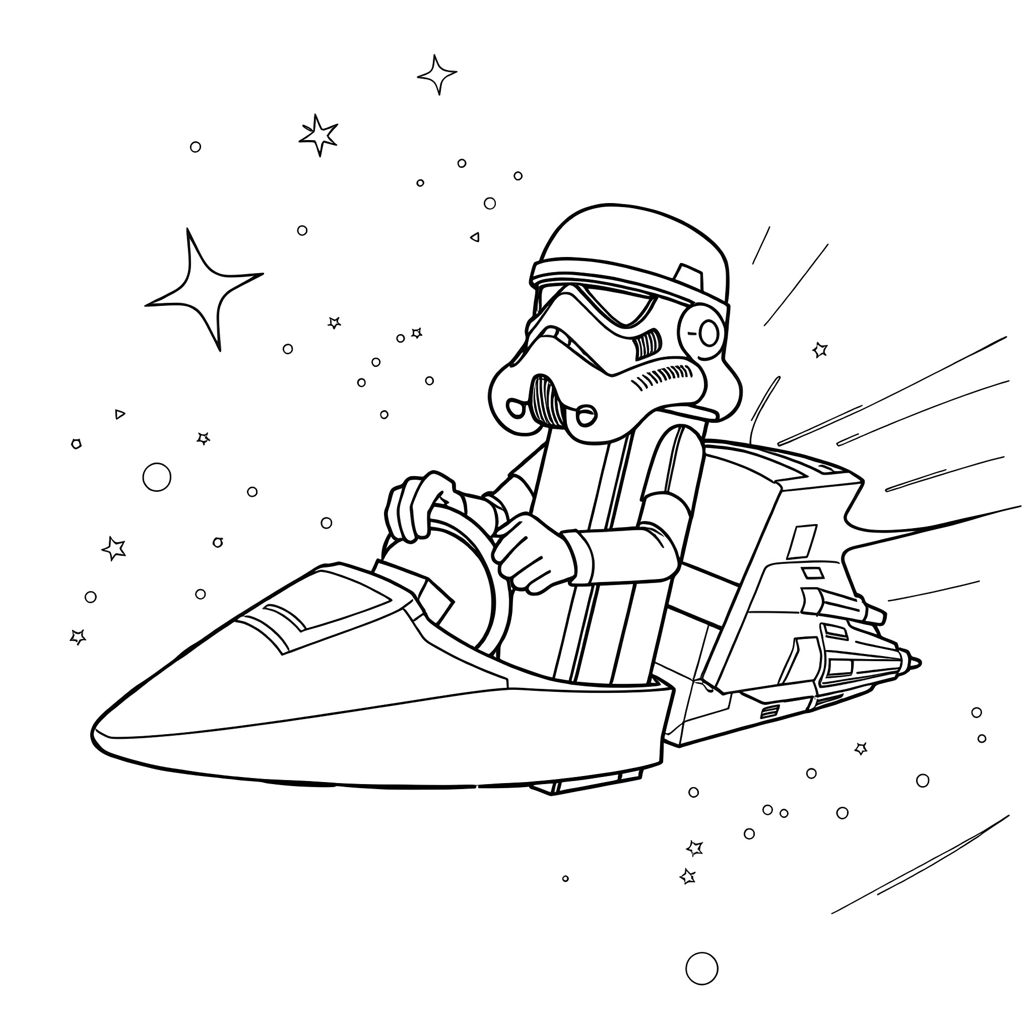 Stormtrooper piloting a speeder through the galaxy Coloring Page (free black-and-white line drawing printable PDF for all, from beginners to advanced learners, including children, teens, adults, and seniors)