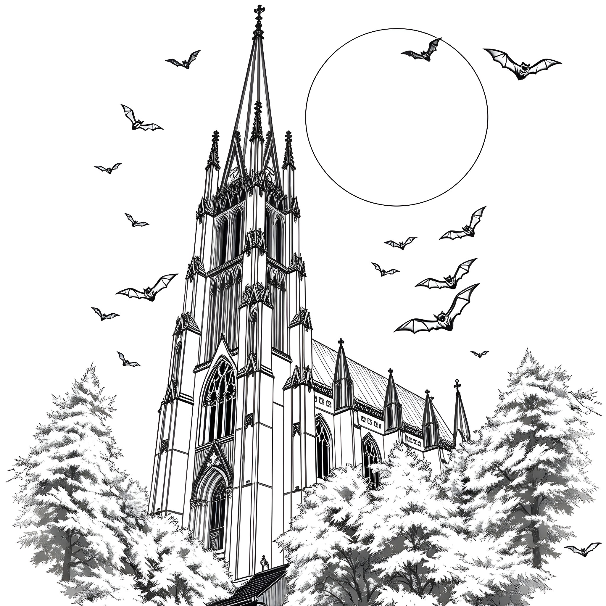 Church with spires surrounded by bats on a moonlit night Coloring Page (free black-and-white line drawing printable PDF for all, from beginners to advanced learners, including children, teens, adults, and seniors)