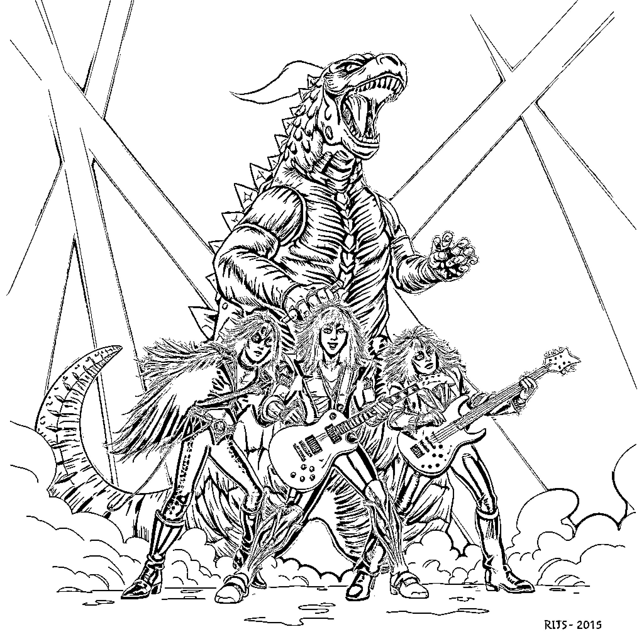 Kiss of the Beast's Roar: A Rock and Roll Spectacle Coloring Page (free black-and-white line drawing printable PDF for all, from beginners to advanced learners, including children, teens, adults, and seniors)