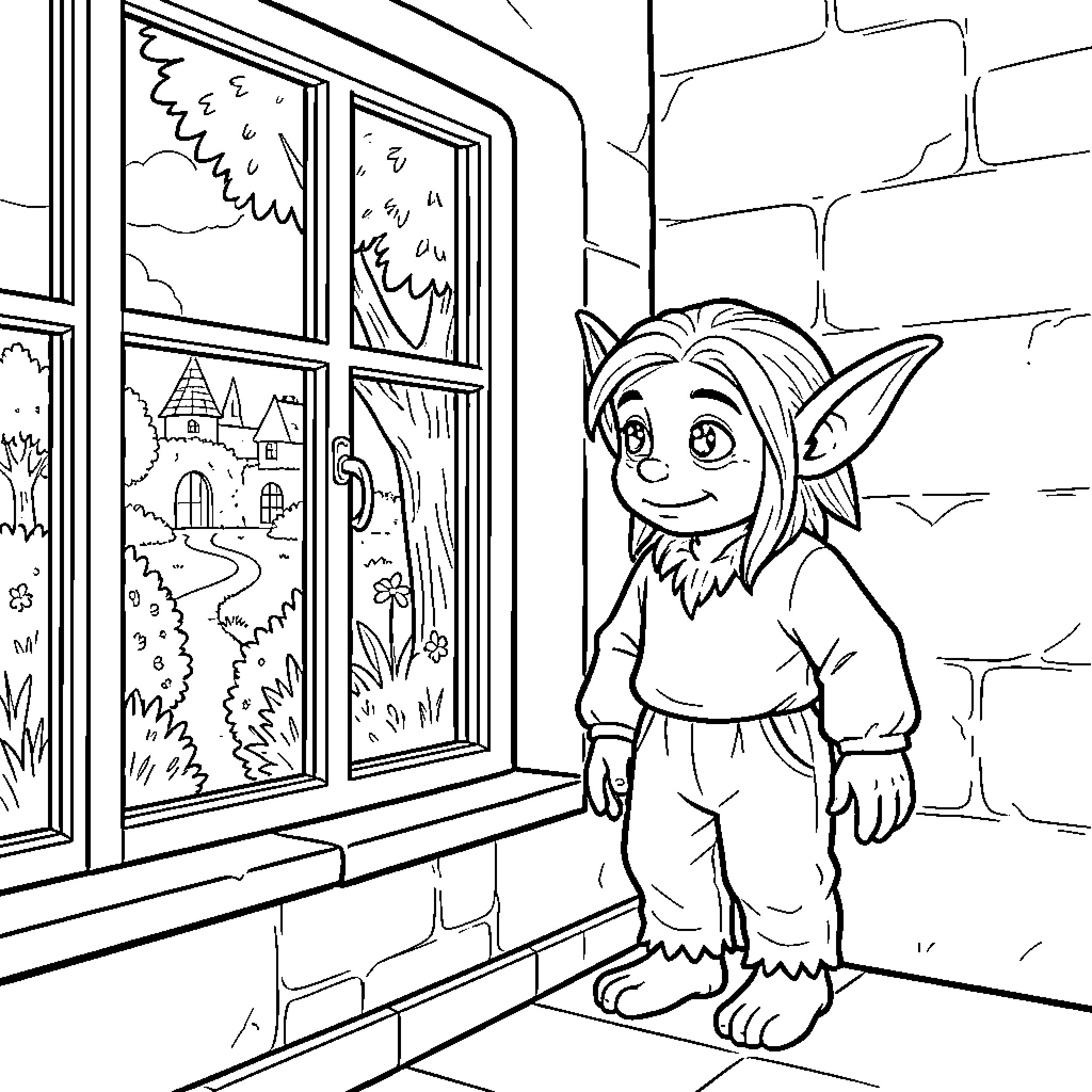 Dobby looking out the window at a village Coloring Page (free black-and-white line drawing printable PDF for all, from beginners to advanced learners, including children, teens, adults, and seniors)