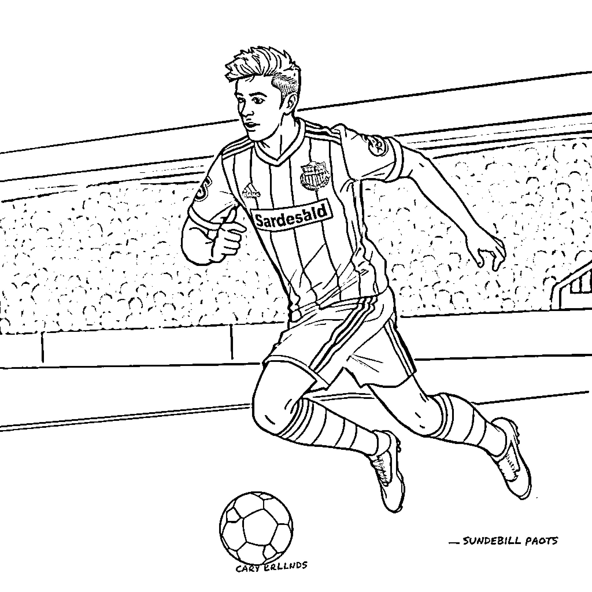 Football Player Dribbling the Ball on the Field Coloring Page (free black-and-white line drawing printable PDF for all, from beginners to advanced learners, including children, teens, adults, and seniors)