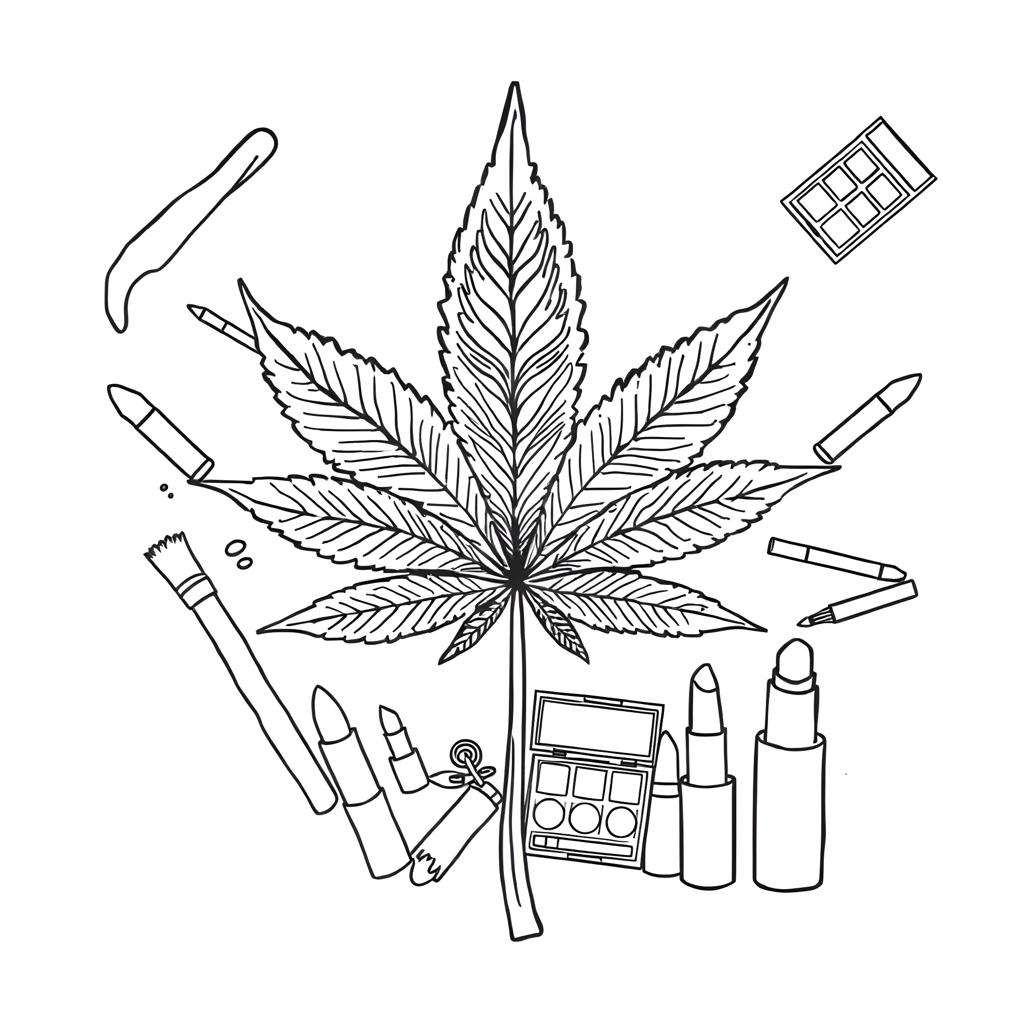 Cannabis Leaf with Makeup and Beauty Products Coloring Page (free black-and-white line drawing printable PDF for all, from beginners to advanced learners, including children, teens, adults, and seniors)